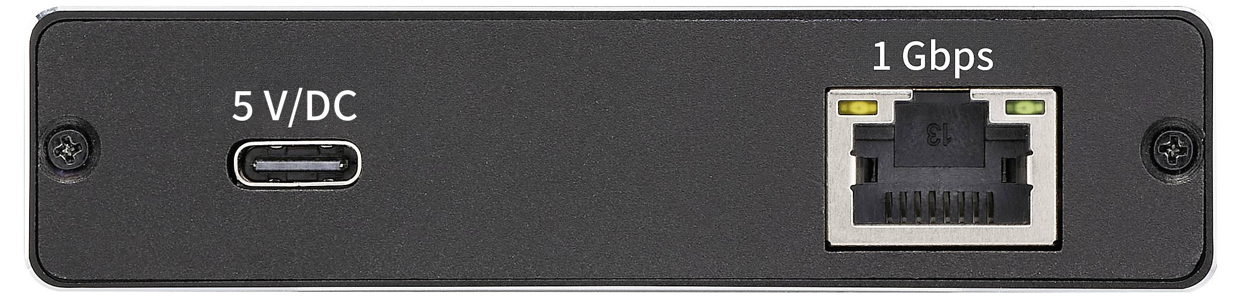 Ein Rückpanel eines Geräts mit einem USB-C-Stromanschluss mit '5V/DC' und einem Ethernet-Anschluss mit '1 Gbps'.