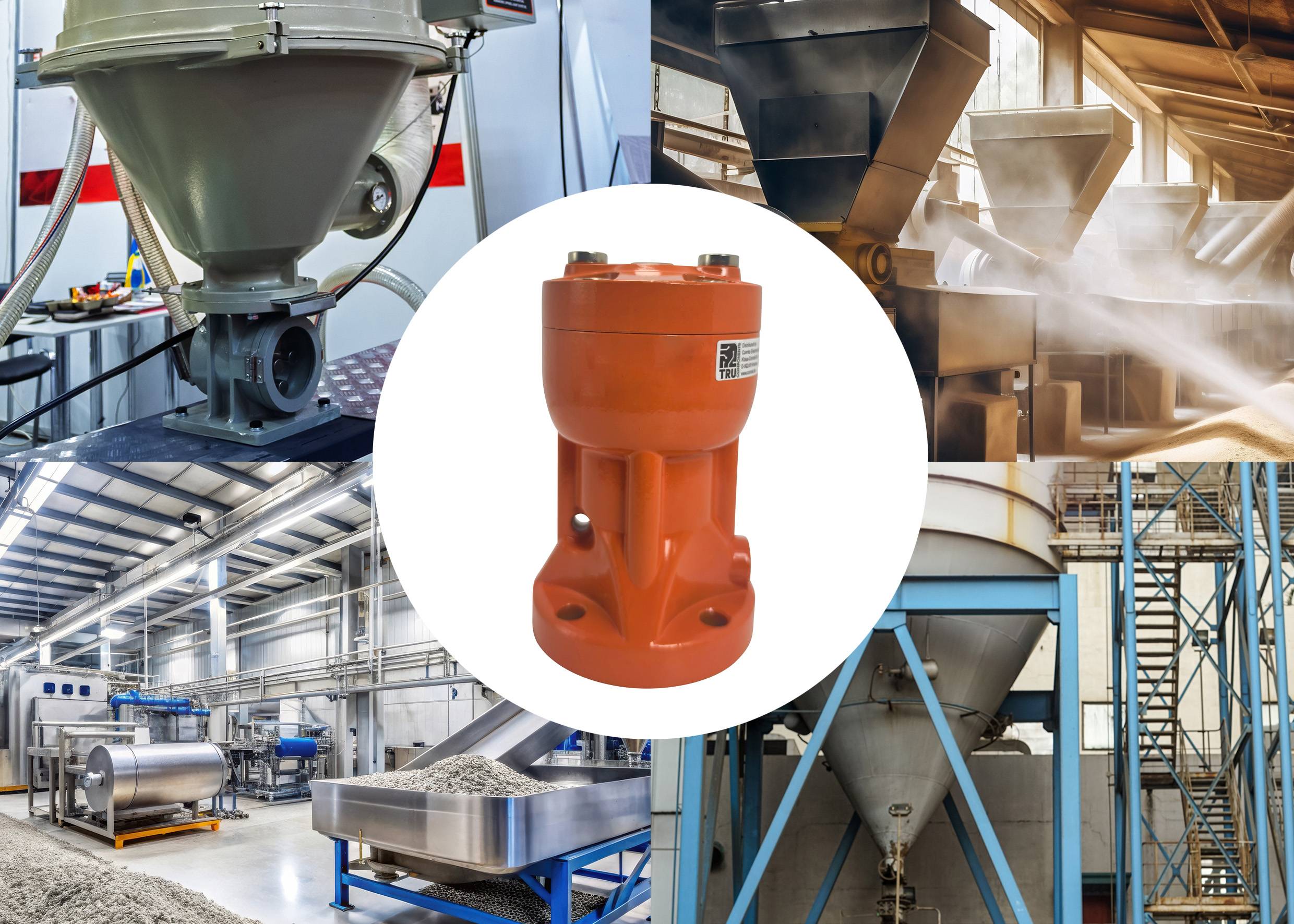 'Coperion K-Tron' Gerät in orangefarbener Farbe steht inmitten von industriellen Anlagen und präsentiert Ausrüstung für Materialhandling und -verarbeitung.