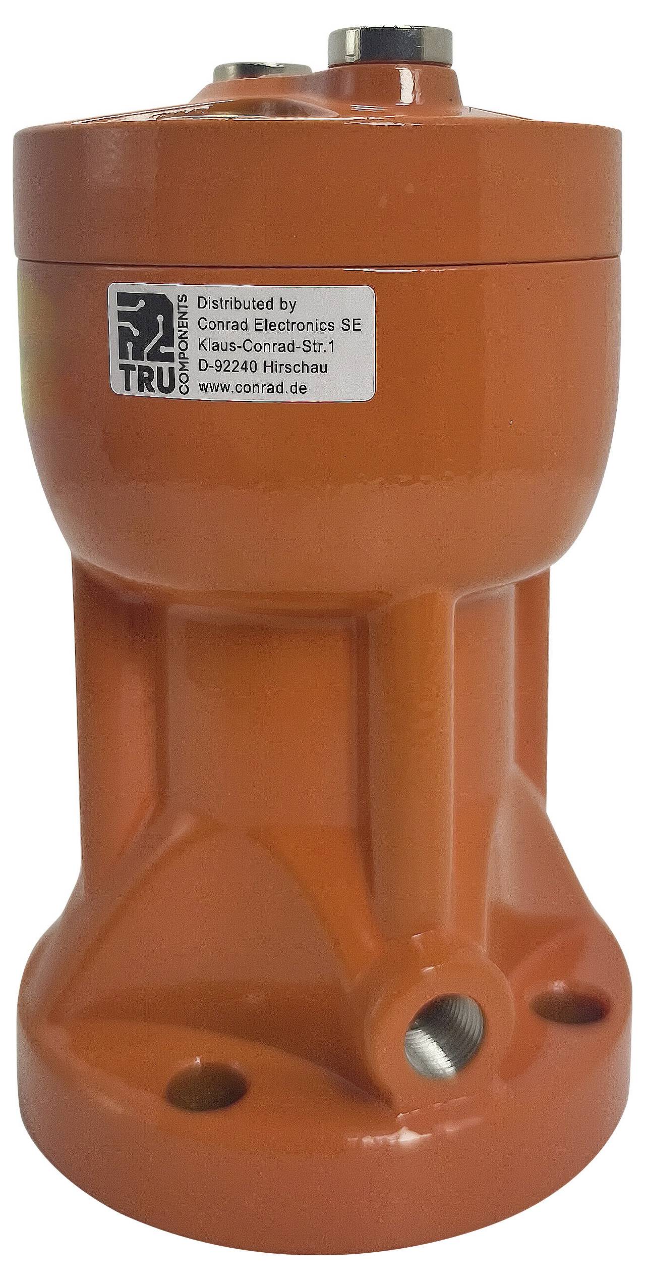 Ein orangefarbenes Metallventilgehäuse mit einer Beschriftung, die Kontaktinformationen für Conrad Electronics SE enthält. Das Gehäuse verfügt über mehrere Anschlusspunkte.
