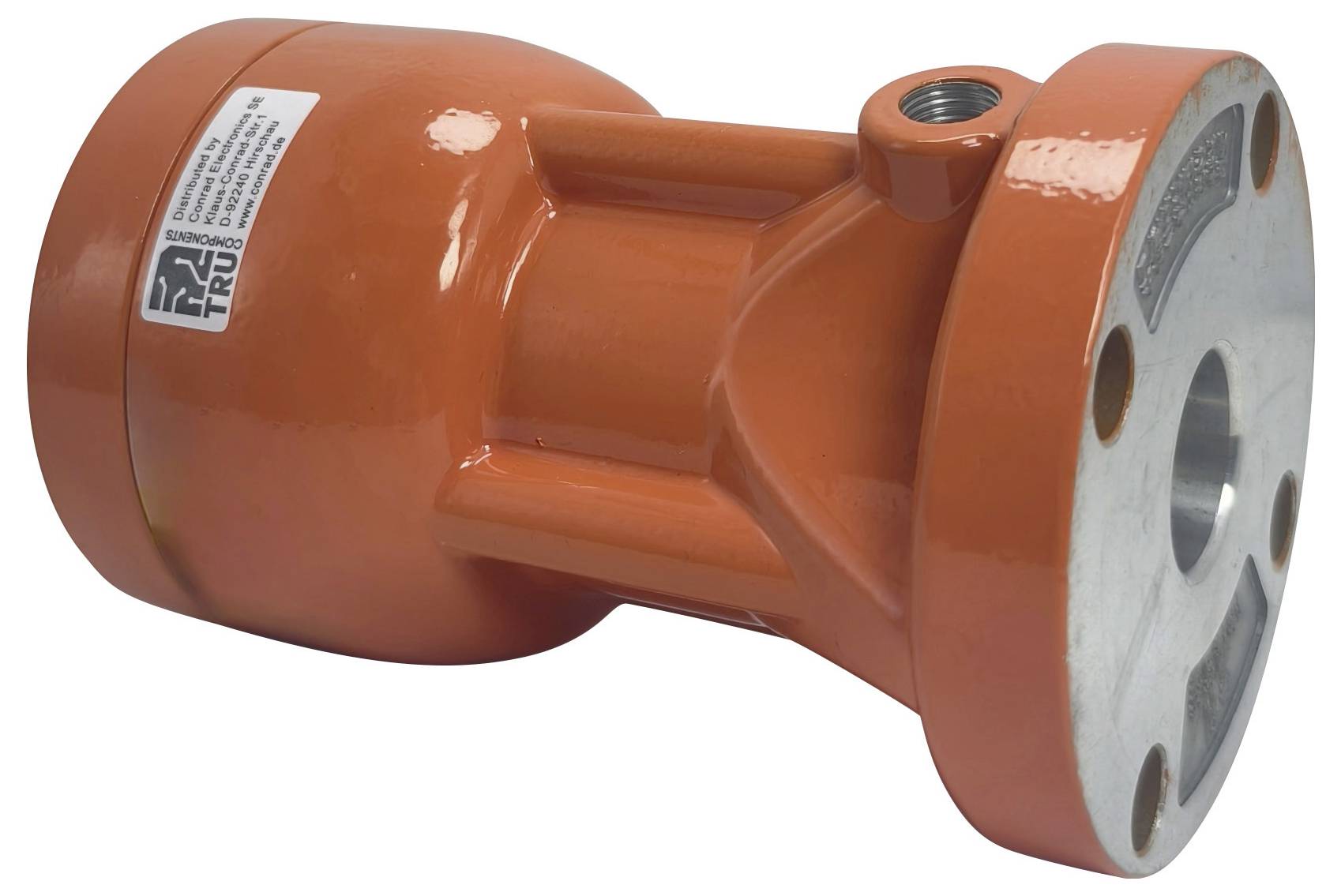 Eine orange mechanische Vorrichtung mit einer zylindrischen Form und geflanschten Enden, höchstwahrscheinlich eine Rohrkomponente.