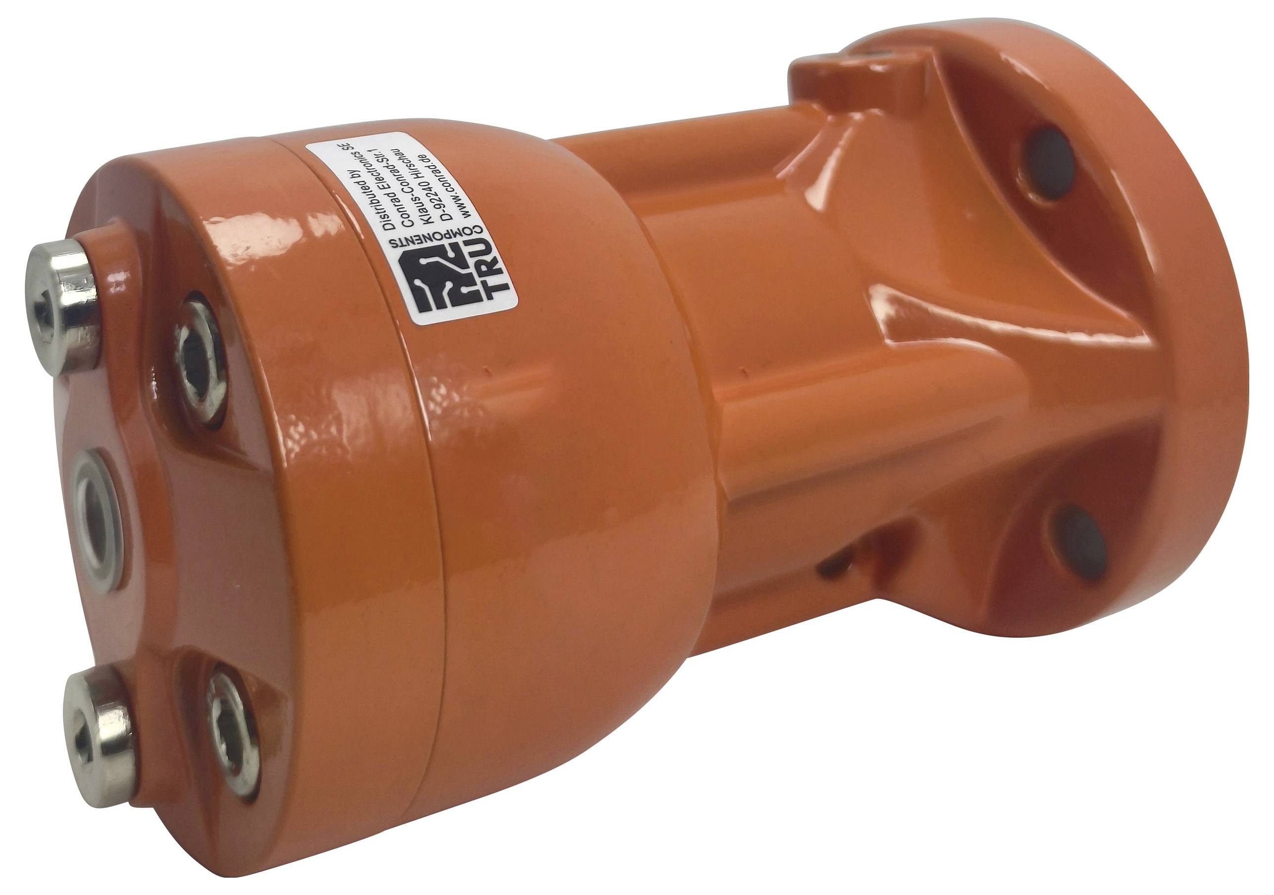 Orangefarbenes zylindrisches mechanisches Teil mit drei sichtbaren Schrauben und einer Beschriftung an seiner Seite.