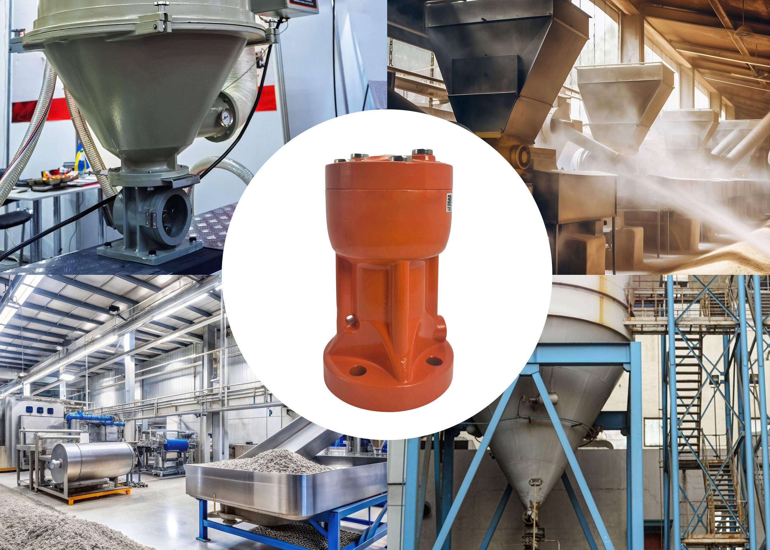 Industrielle Maschinerie-Collage mit Fokus auf eine orangefarbene hydraulische Komponente, umgeben von Bildern von Maschinen und Verarbeitungsausrüstung in einer Fabrikumgebung.