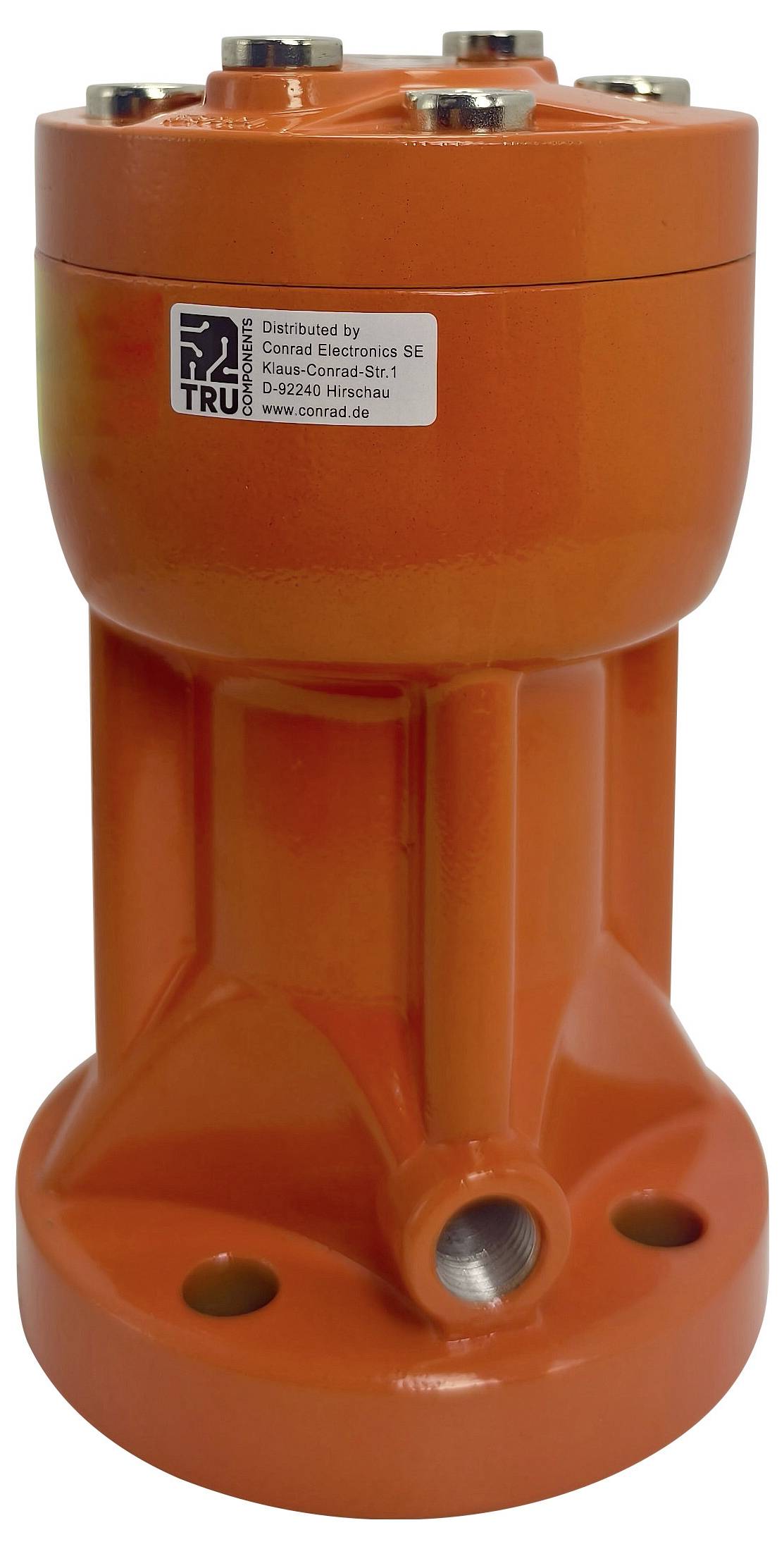 Eine orangefarbene mechanische Komponente mit einem Etikett; möglicherweise ein hydraulischer oder pneumatischer Aktuator, der für industrielle Anwendungen verwendet wird.