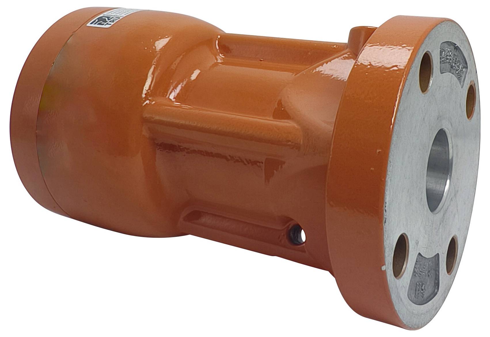 Ein orangefarbenes mechanisches Gehäuse mit zylindrischer Form und geränderten Enden, das in industriellen Anwendungen zum Schutz oder zur Montage verwendet wird.