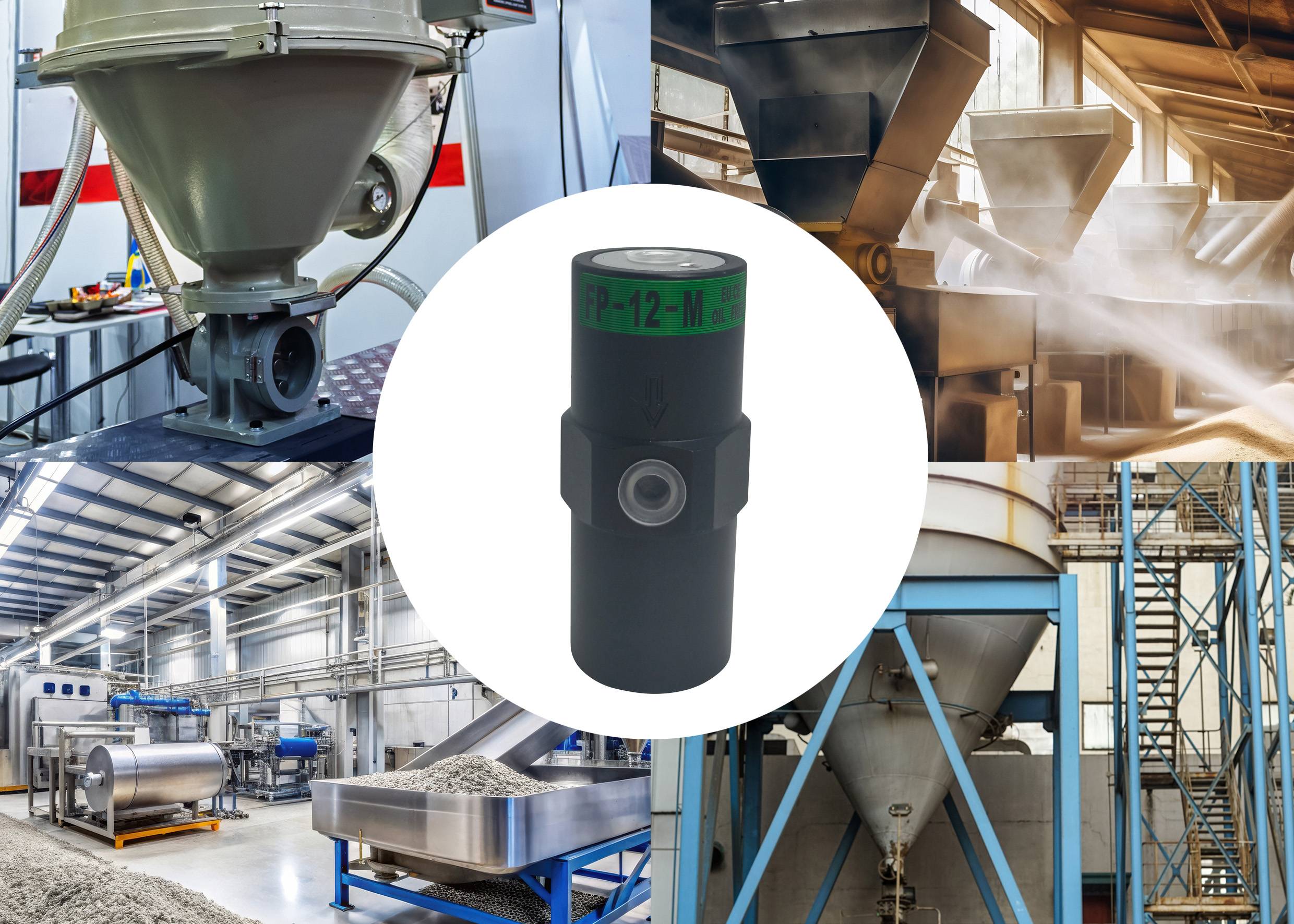 Montage industrieller Maschinen mit einem Sensor im Zentrum; zeigt verschiedene Ausrüstungen zur Materialverarbeitung in einer Fabrikumgebung.