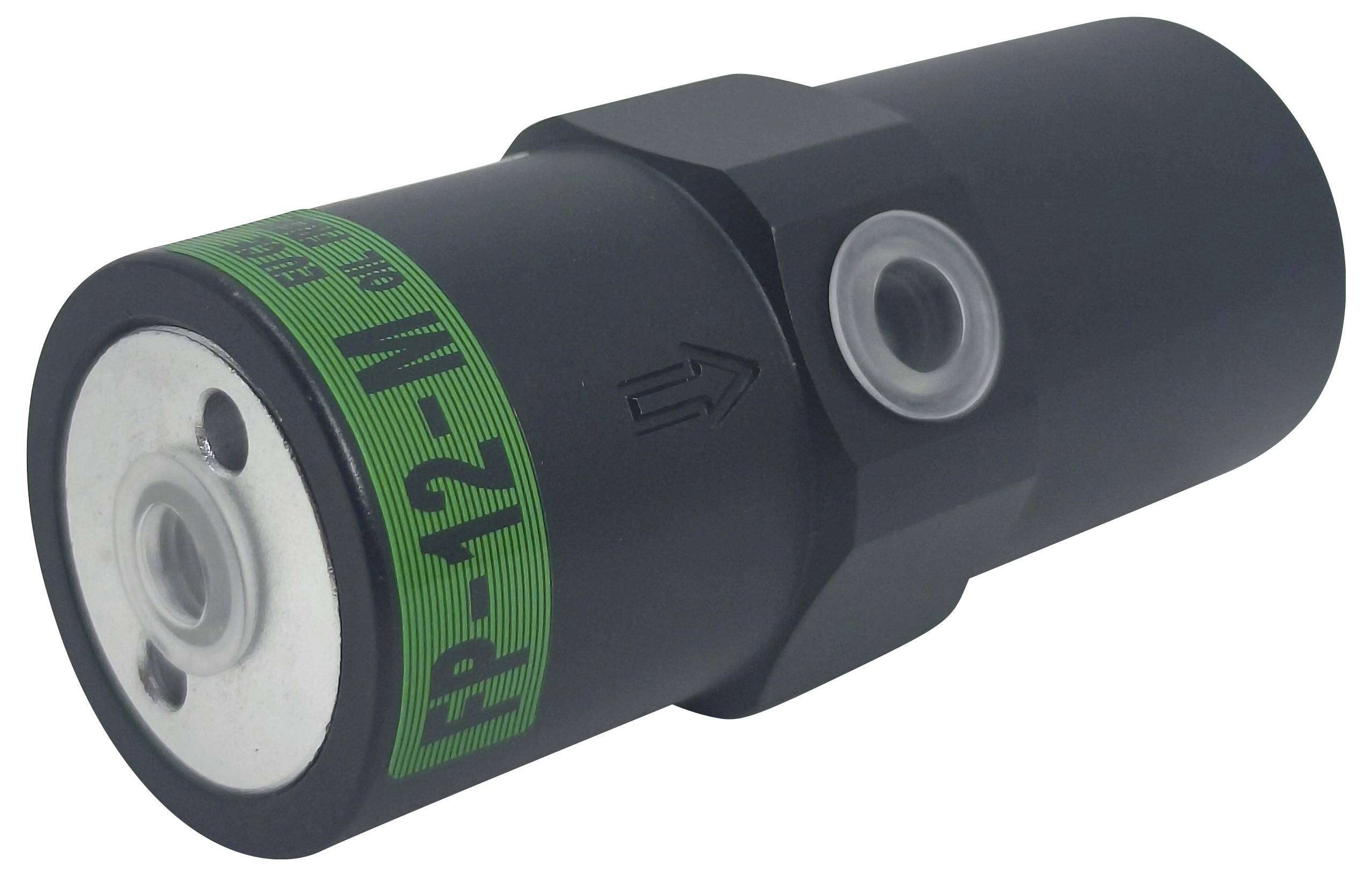 Ein schwarzes zylindrisches hydraulisches Durchflussregelventil mit einer grünen Beschriftung 