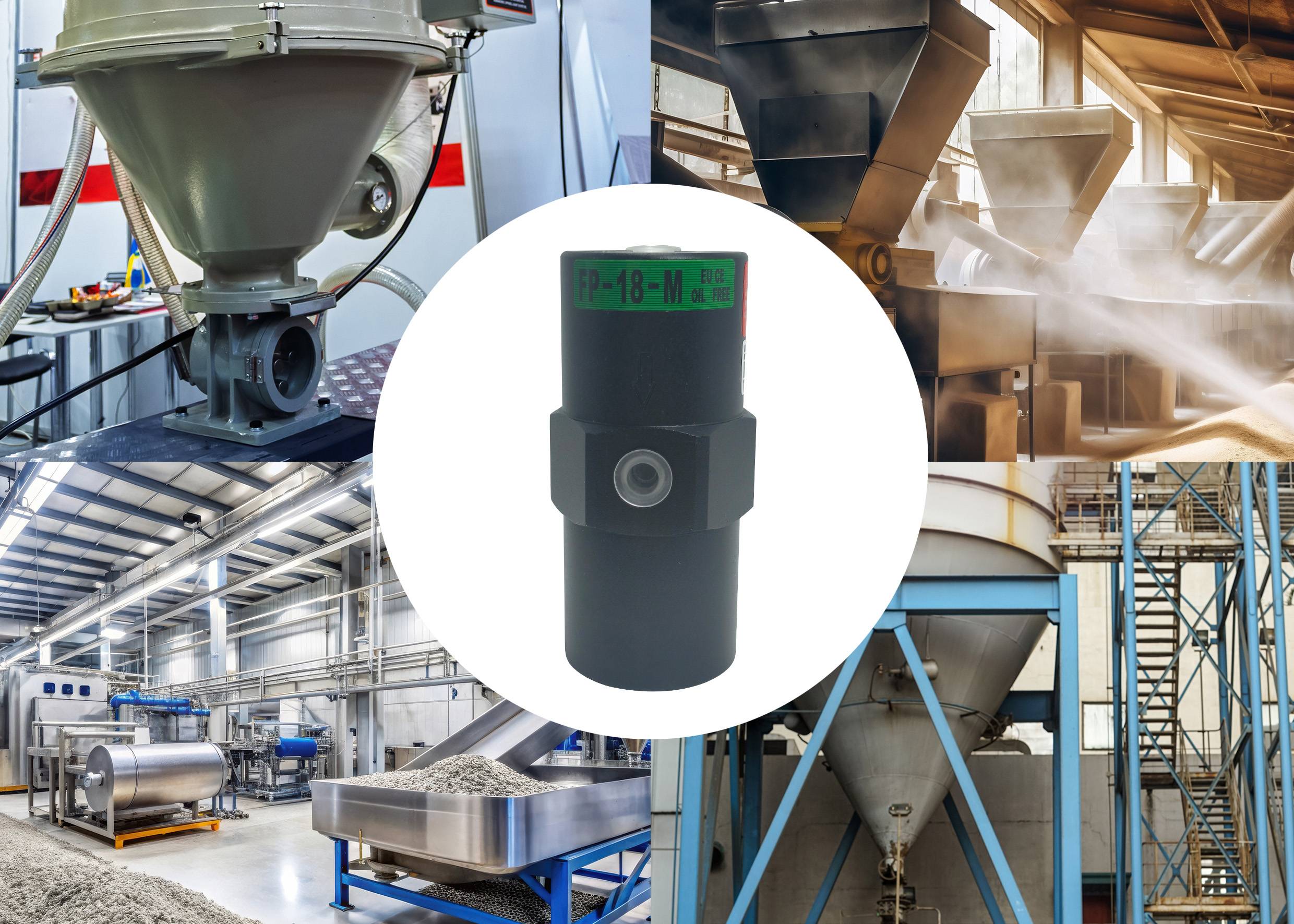 Große industrielle Maschinen in Betrieb, einschließlich Mischer und Trichter, die einen zentralen Nahaufnahme eines schwarzen zylindrischen Teils umgeben.