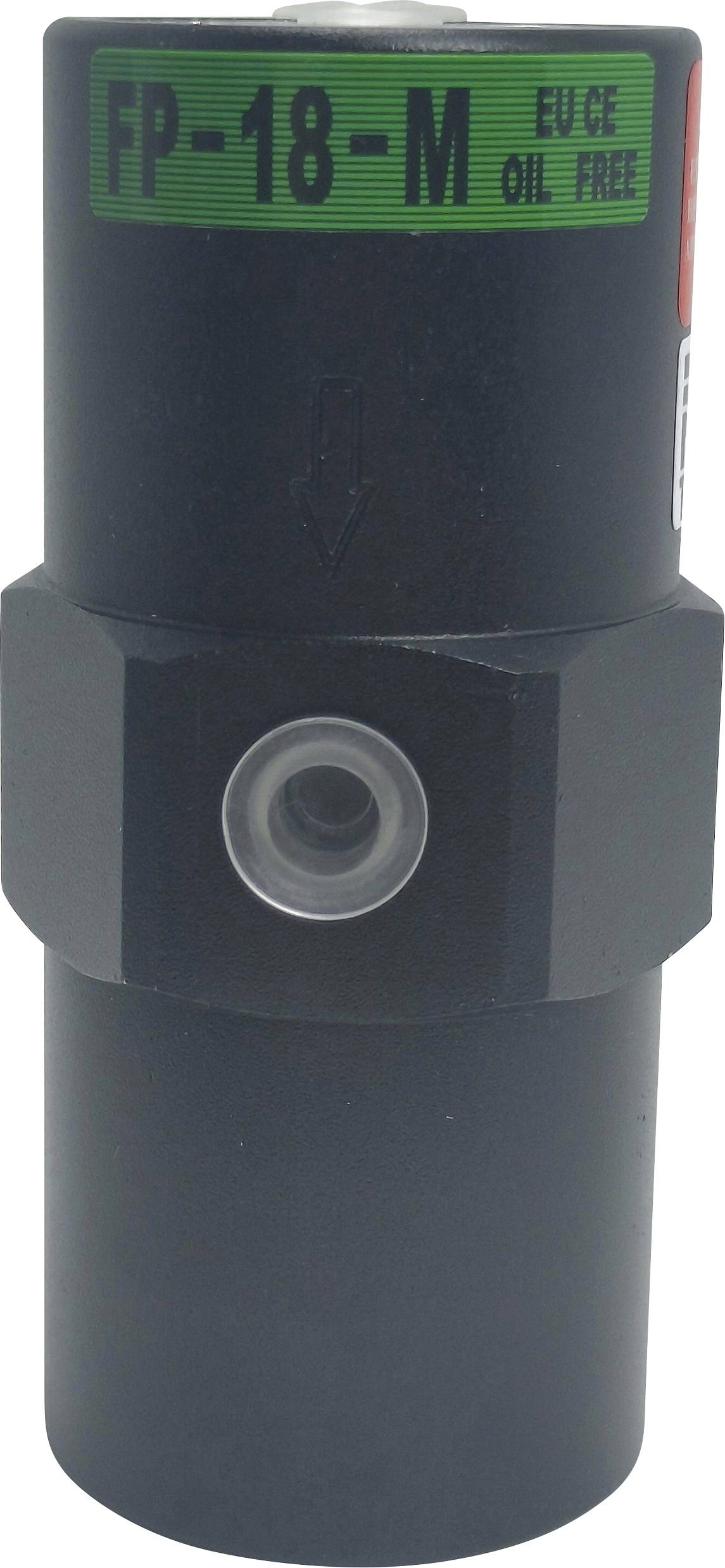 Ein massiver schwarzer zylindrischer Luftfilter mit der Beschriftung 'FP-18-M', 'E.U.' und 'Ölfrei' mit einem zentralen transparenten Sichtfenster.