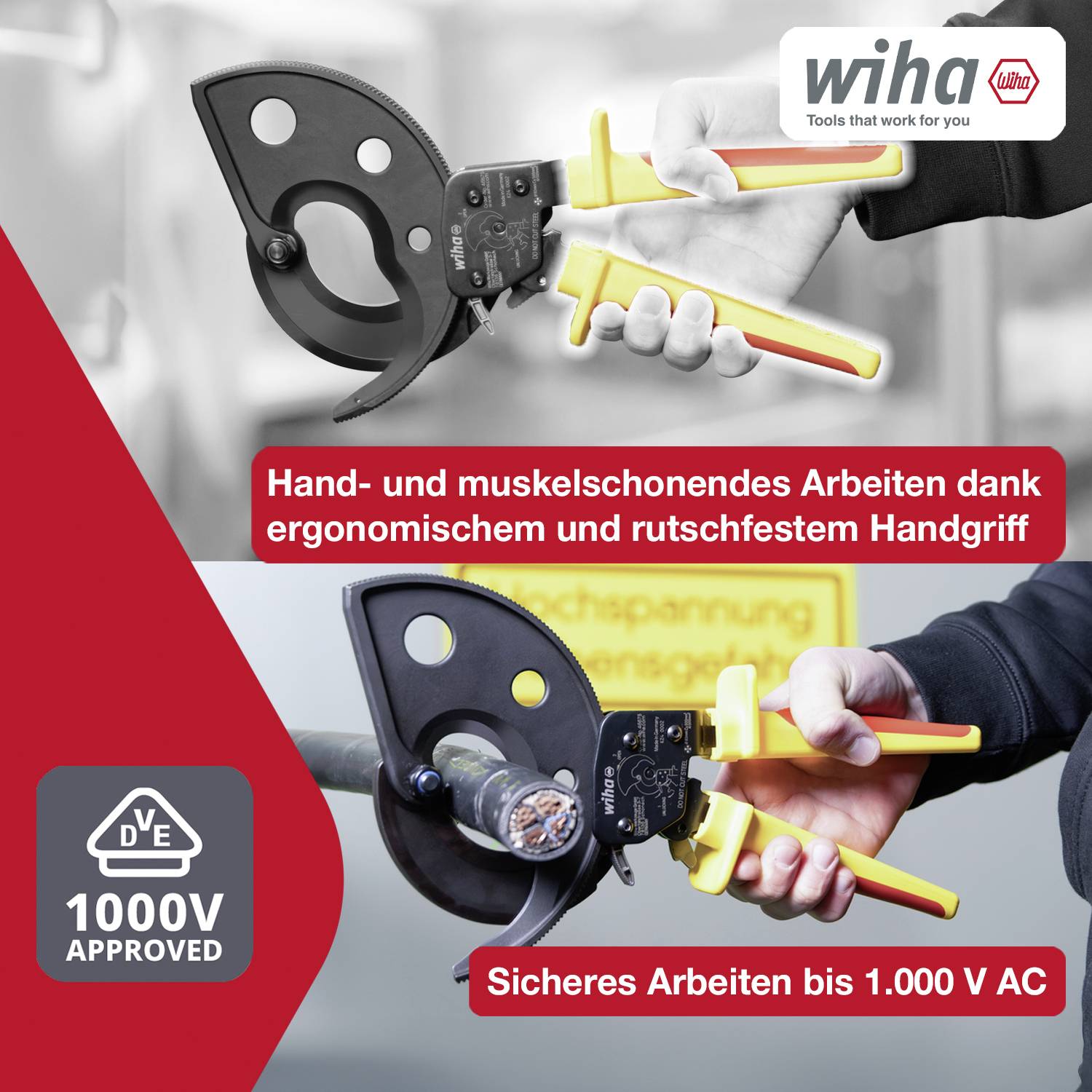 Wiha 46675 Kabelschneider Geeignet für (Abisoliertechnik) Alu- und Kupferkabel, ein- und mehrdrähtig 62mm 500mm²