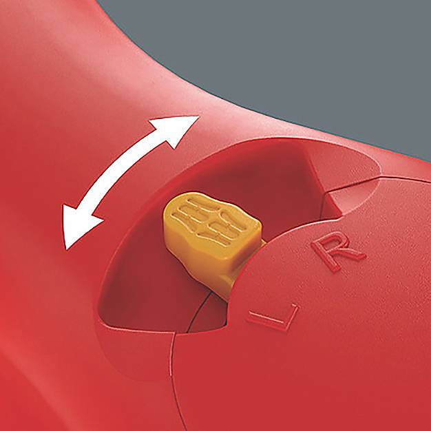 Ein roter Autositz-Kopfstütze mit einem verstellbaren beigen Knopf, der mit einer „R