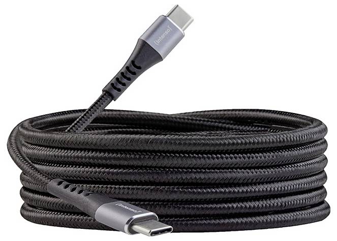 Ein aufgerolltes schwarzes USB-C-Ladekabel mit verstärkten Anschlüssen an beiden Enden.