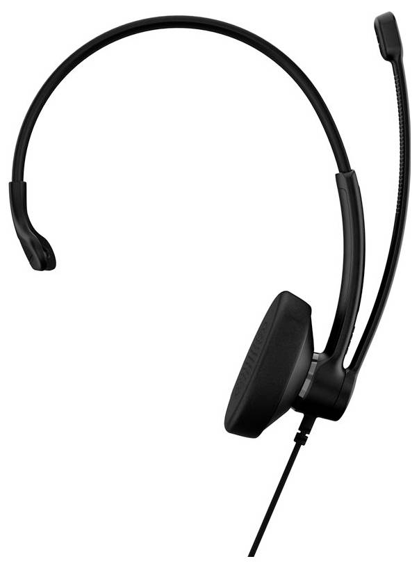 Ein einohriges schwarzes Headset mit einem Mikrofonarm auf der linken Seite, das für professionelle Zwecke oder den Einsatz in Call-Centern vorgesehen ist.