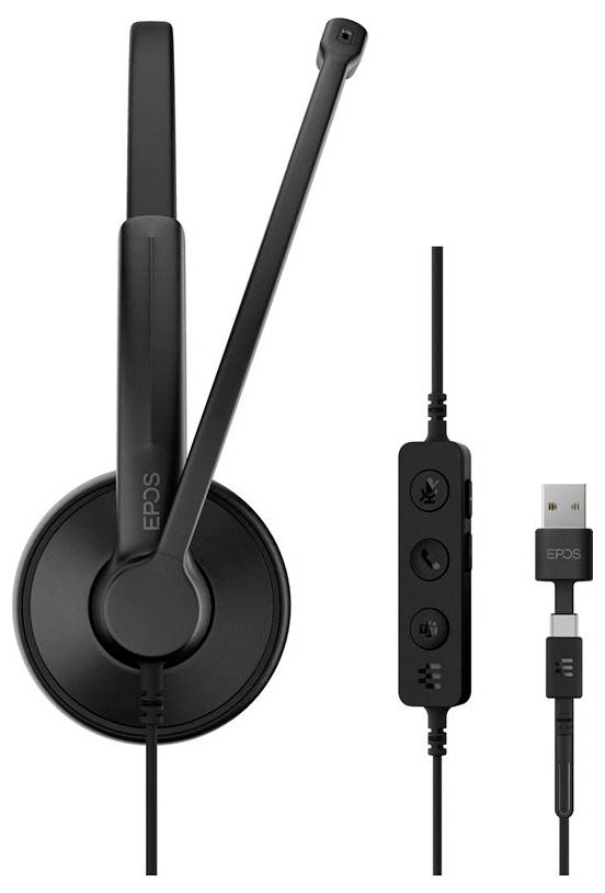 Schwarzes Headset mit verstellbarem Mikrofon und USB-Anschluss. Ausgestattet mit Inline-Bedienelementen für Lautstärke, Stummschaltung und Anruffunktionen.