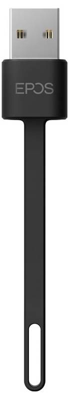 Ein schwarzer USB-Adapter mit der Markenaufschrift 'EPOS'