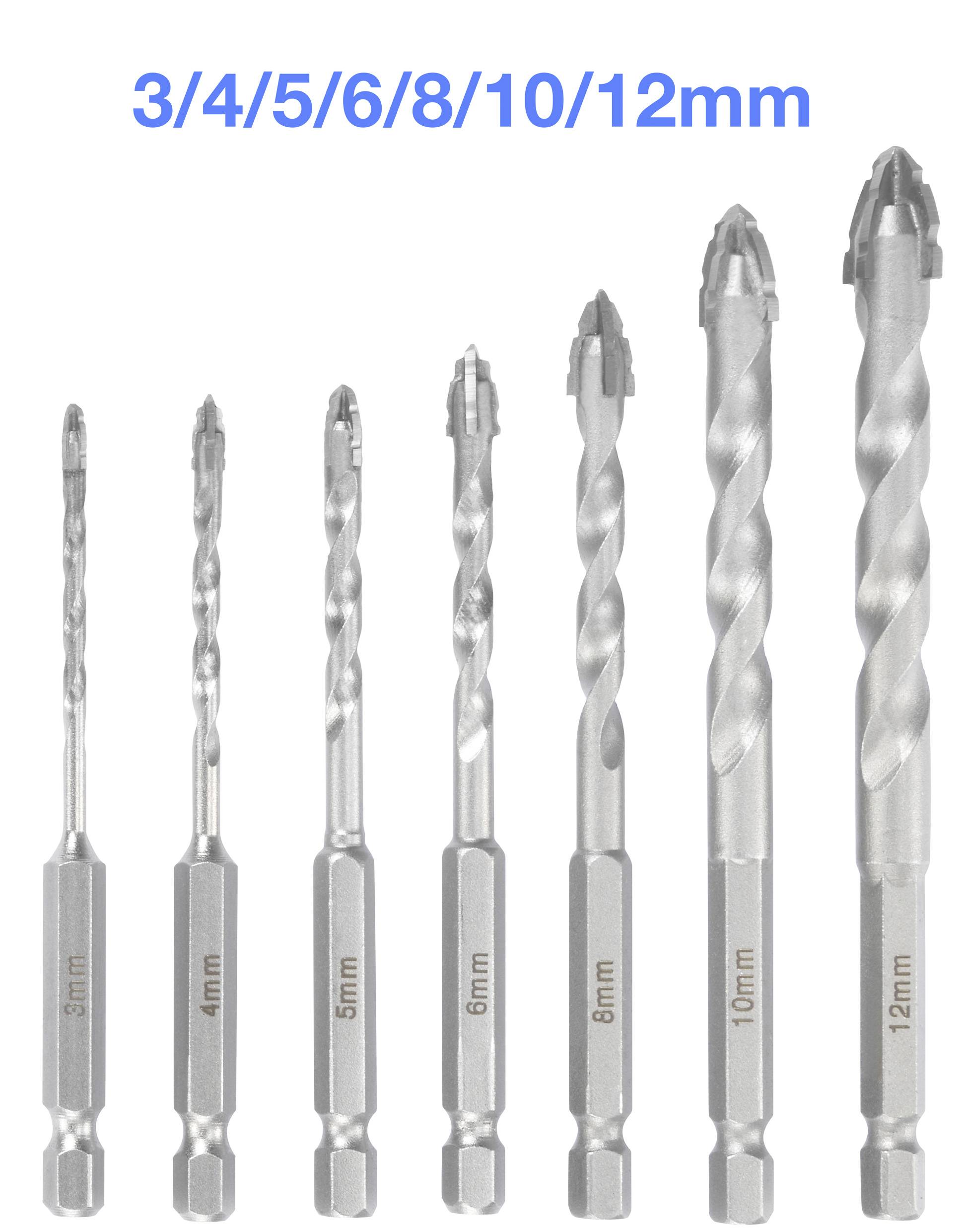 Ein Satz von sieben Bohrern in verschiedenen Größen, gekennzeichnet mit 3, 4, 5, 6, 8, 10 und 12 mm, die für unterschiedliche Bohranforderungen konzipiert sind.