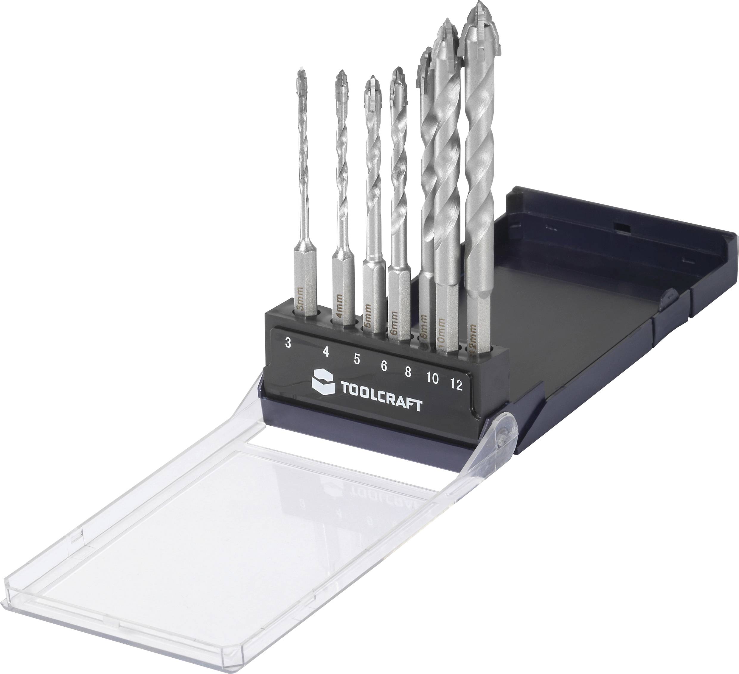 Ein Satz von sieben Metallbohrern in verschiedenen Größen, die in einem offenen, beschrifteten Etui von Toolcraft von Größe 3 bis Größe 12 ausgelegt sind.