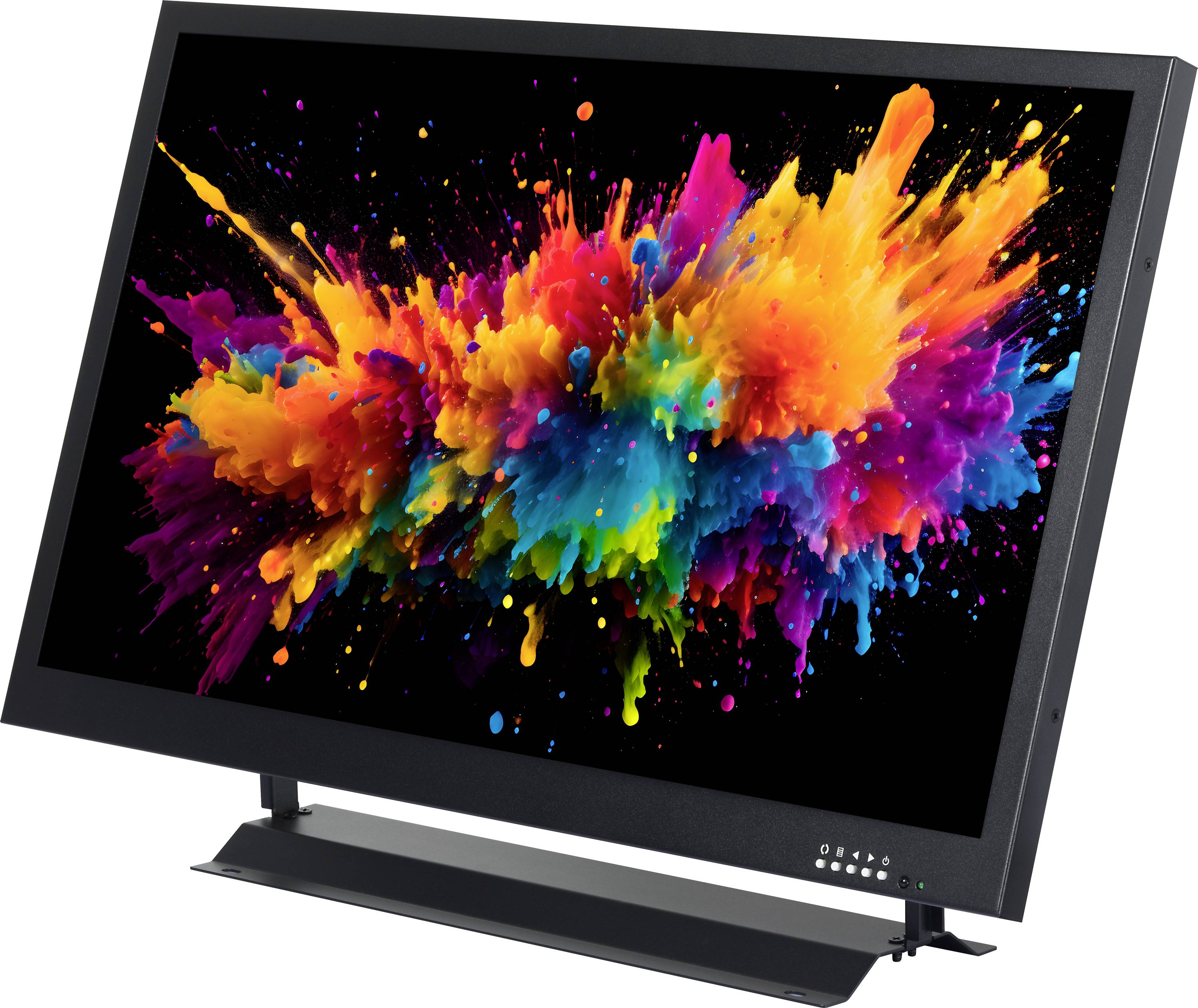 Ein digitaler Monitor zeigt eine Explosion von leuchtenden Farben und präsentiert einen Farbensturm in verschiedenen Schattierungen von Blau, Gelb, Rot und Rosa.