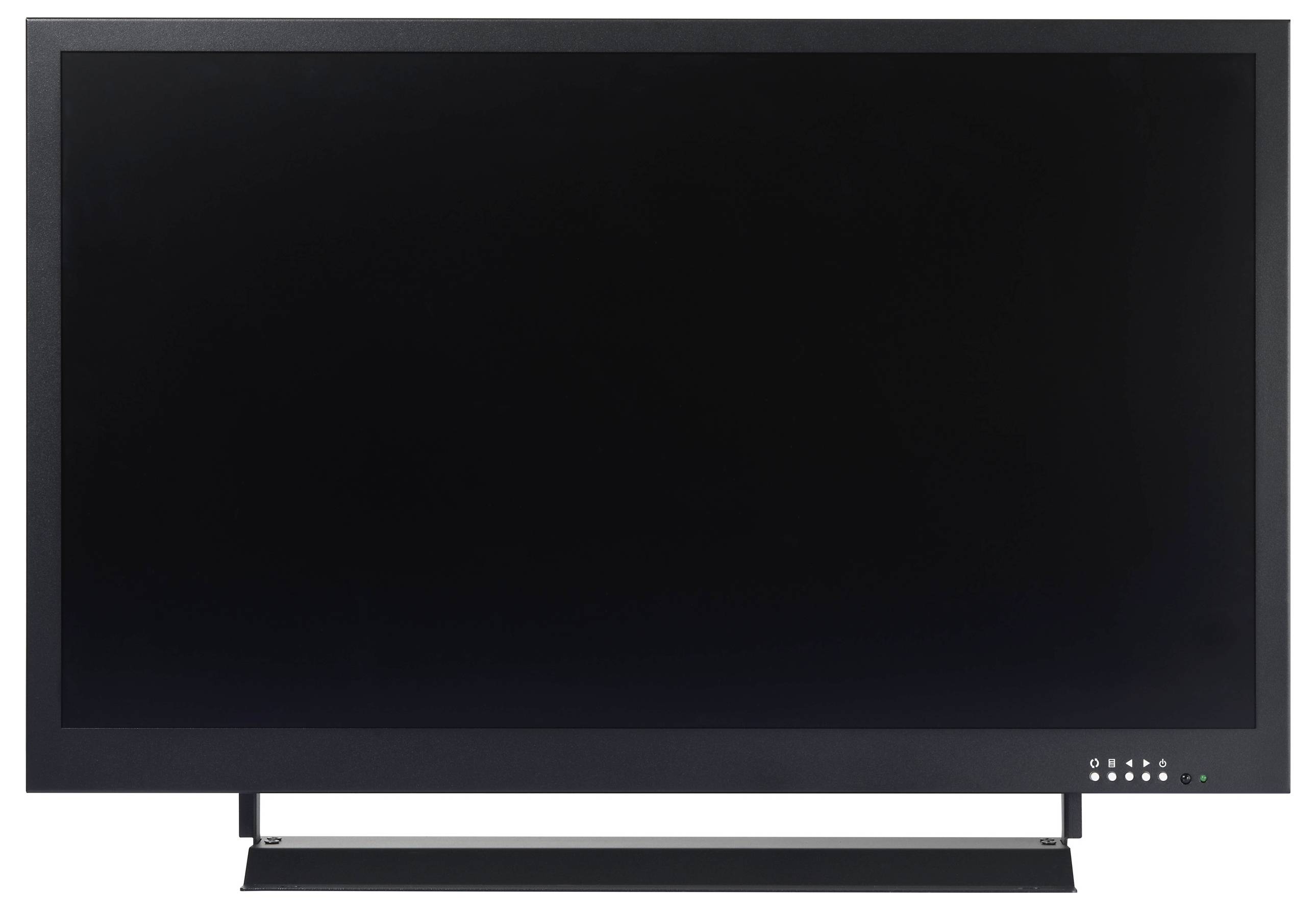 Ein schwarzer Flachbildschirm-Fernseher, der vor einem weißen Hintergrund präsentiert wird und dabei sein minimalistisches Design sowie seine glatte, reflektierende Bildschirmoberfläche zur Geltung bringt.