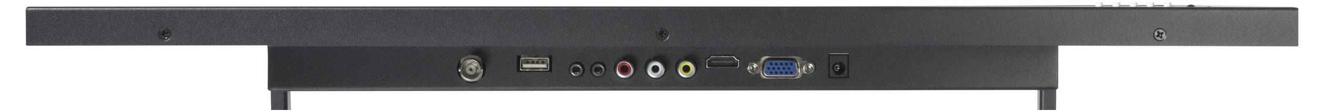Rückansicht eines elektronischen Geräts mit verschiedenen Eingabe-/Ausgabeanschlüssen, einschließlich USB-, Audio- und Videoverbindungen, die Konnektivitätsoptionen des Geräts anzeigen.