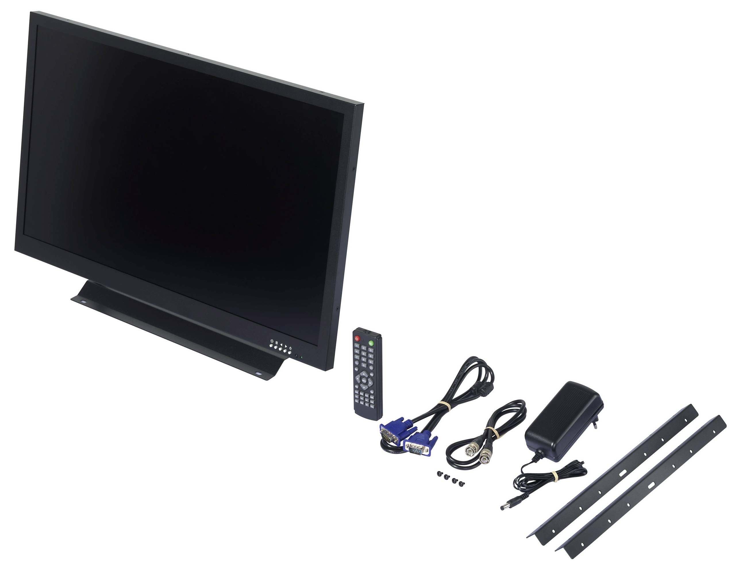 Ein Flachbildschirm-Monitor mit Zubehör, einschließlich Fernbedienung, Kabeln, Netzteil und Montagehalterungen.