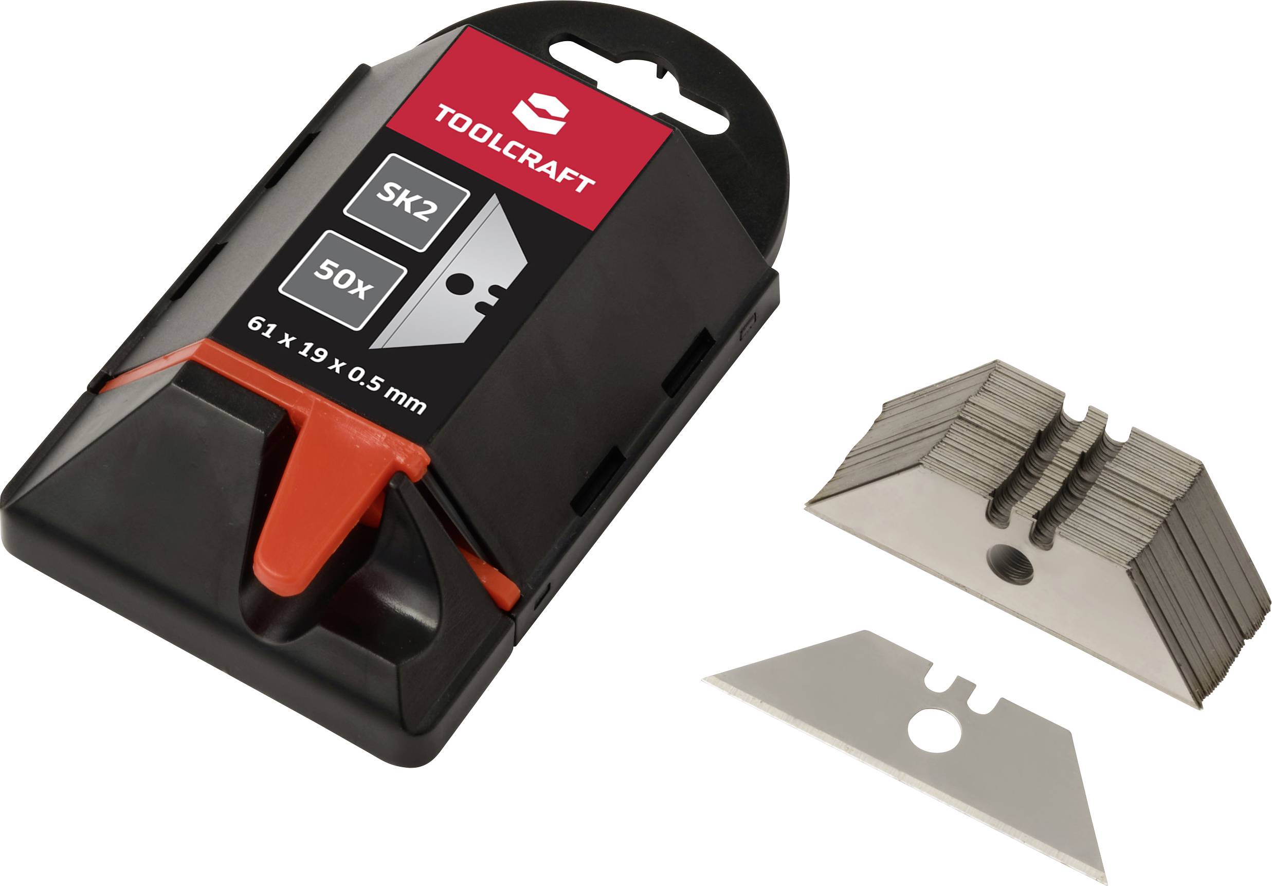Eine Packung Toolcraft-Rasierklingen neben einem Stapel loser Klingen, beschriftet mit ‚SK2' und ‚50X', mit Klingendimensionen von 61 x 19 x 0,5 mm.
