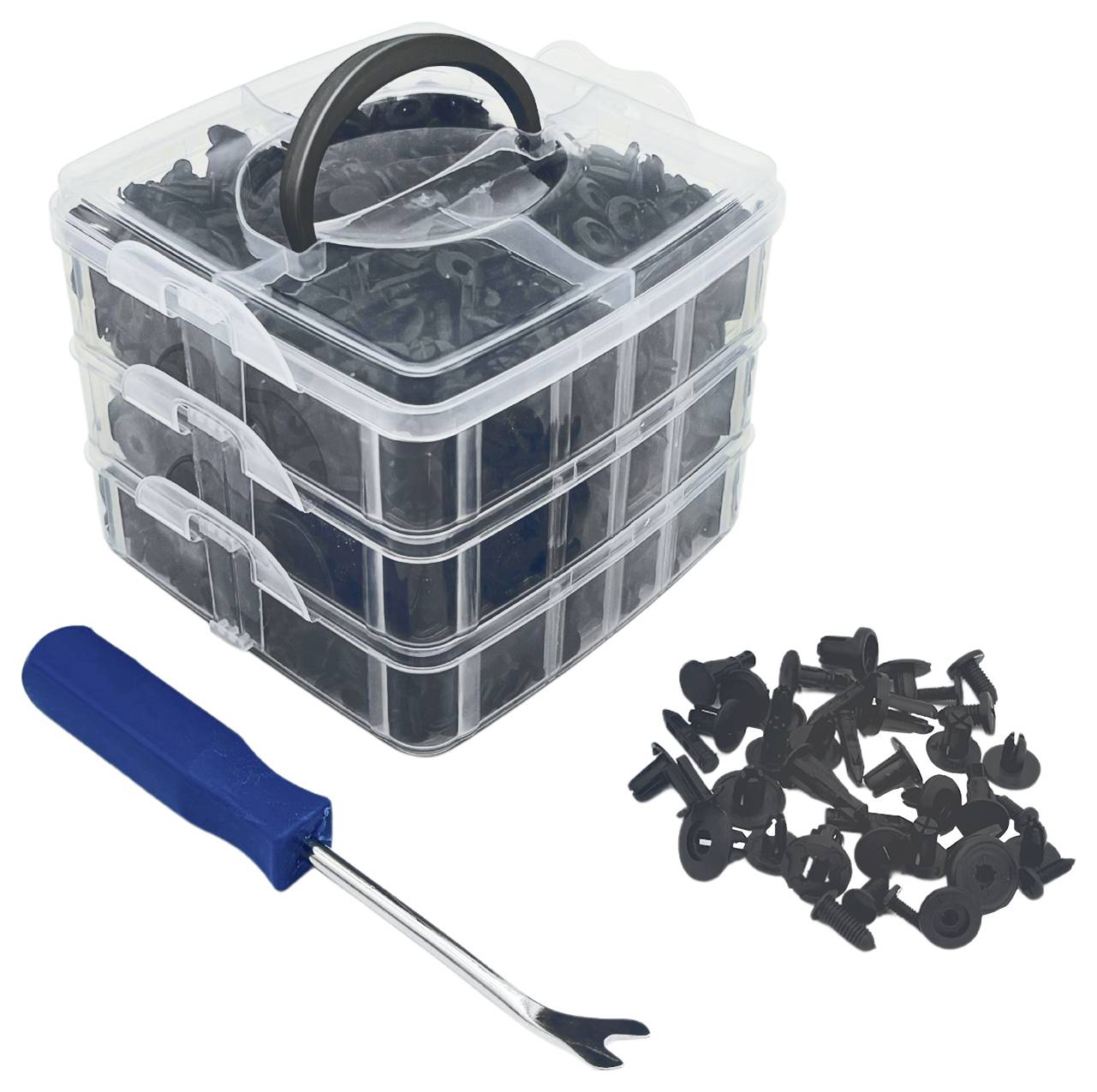 Werkzeugset mit einem blauen Kunststoff-Hebewerkzeug und verschiedenen schwarzen Befestigungselementen, die in einer durchsichtigen, dreistufigen Aufbewahrungsbox organisiert sind, geöffnet dargestellt.