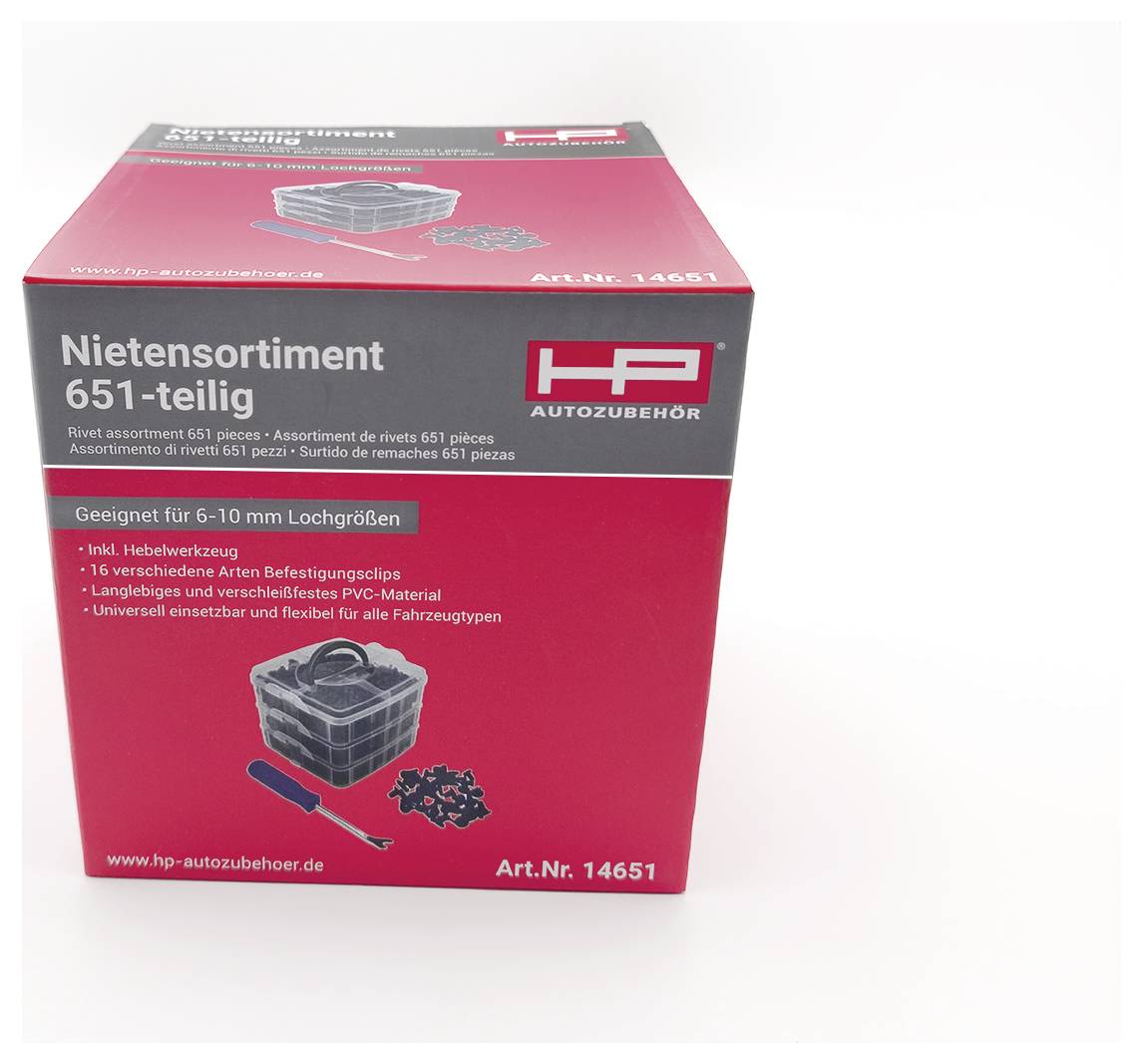 Eine Box mit einer 651-teiligen Nieten-Sortiment, geeignet für 6-10 mm Löcher, inklusive Montagewerkzeuge und passender Zubehörteile.