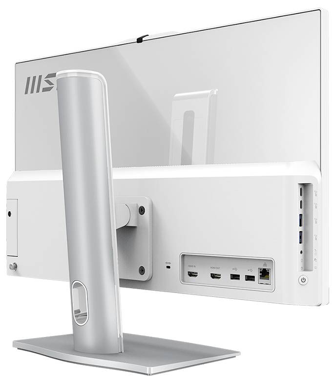 Rückansicht eines weißen Computermonitors mit silbernem Ständer, auf dessen Rückseite verschiedene Anschlüsse wie HDMI, USB und Ethernet zu sehen sind.