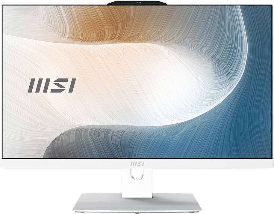 MSI All-in-One PC auf einem schlanken Monitor mit minimalen Bildschirmrändern, ausgestattet mit einem weißen Frontständer und abstraktem Wirbeldesign auf dem Display.