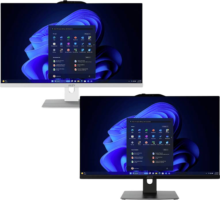 Zwei Monitore, die eine Desktop-Oberfläche mit einem Raster von Apps über einem blauen abstrakten Hintergrund anzeigen. Ein Monitor hat einen weißen Ständer, der andere einen schwarzen.