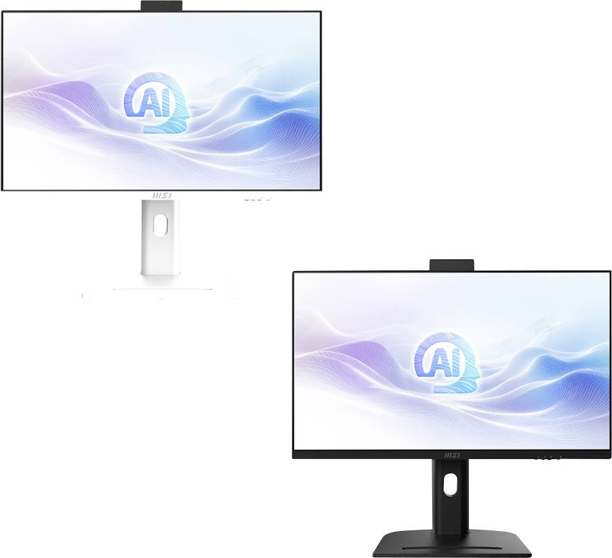 Zwei Monitore, die ein blaues 'AI'-Logo auf einem wellenförmigen Hintergrund anzeigen. Ein Monitor steht auf einem weißen Ständer, der andere auf einem schwarzen Ständer.