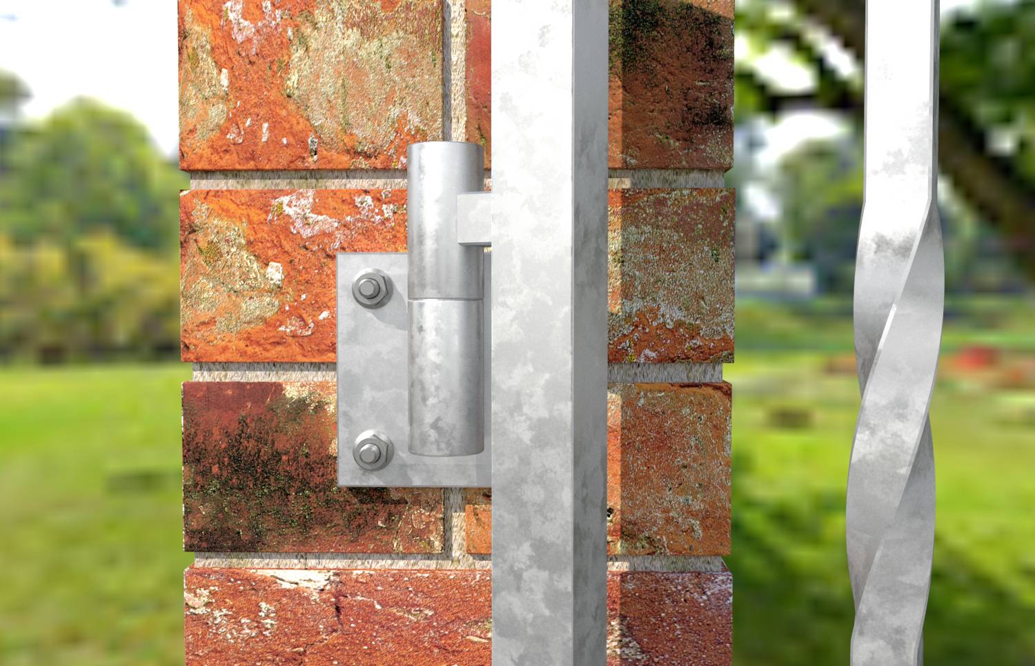 Ein Metallscharnier und eine Halterung sind an einer roten Ziegelwand befestigt und stützen ein graues Metalltor, mit einem unscharfen grün-braunen Hintergrund im Freien.