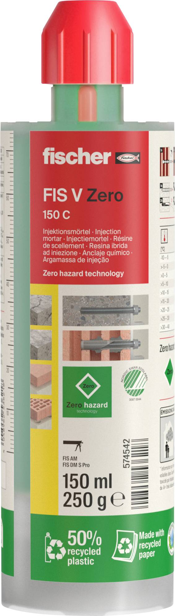 Eine 150 ml fischer FIS V Zero Klebstoffkartusche mit rotem Deckel, gekennzeichnet als ‚Null-Risiko-Technologie' und ‚50% recycelter Kunststoff'.