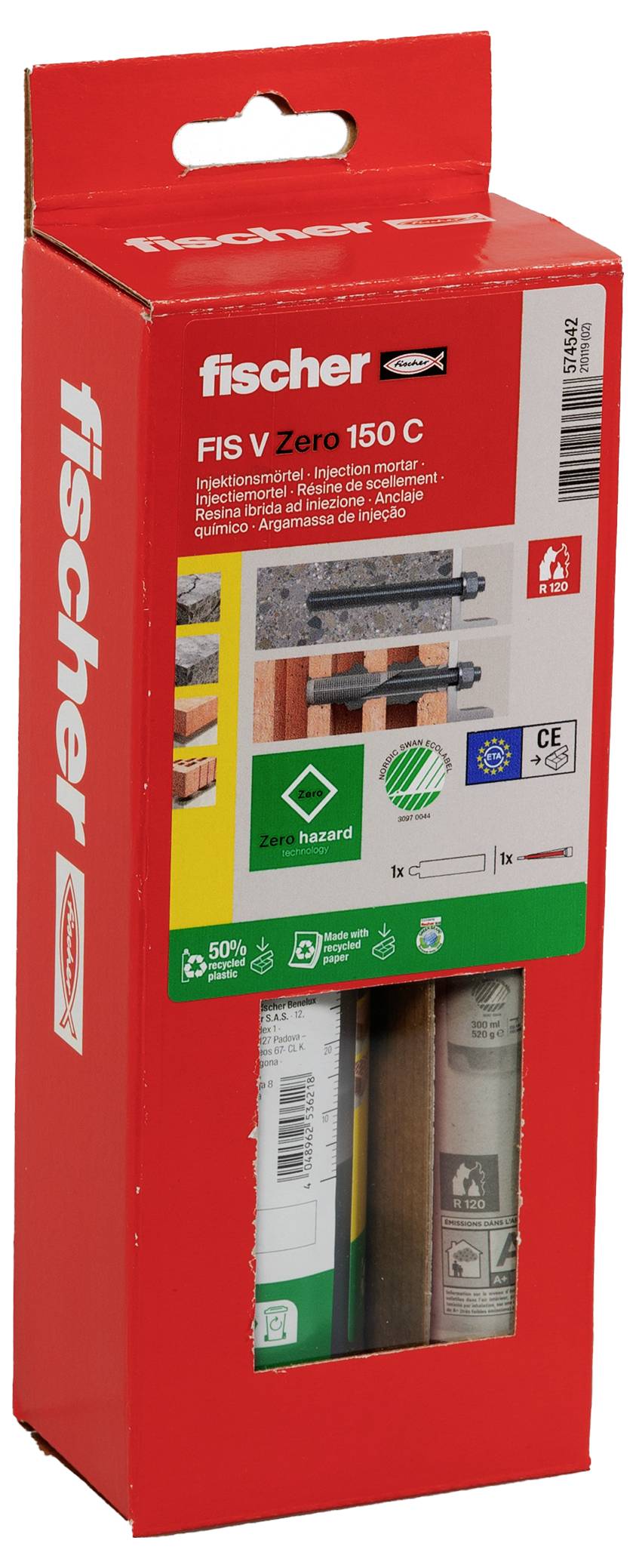 'Fischer FIS V Zero 150 C' Chemikalie Anker, rot-grünes Design, zeigt Anwendungsmöglichkeiten. Umweltfreundlich, keine Gefahrensymbole.