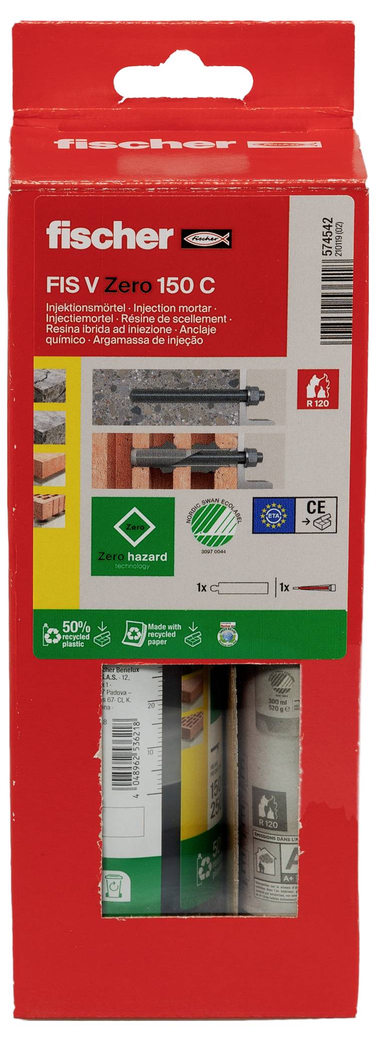 'Fischer FIS V Zero 150 C' rote Verpackung, mit Produkttuben und grünem 'Null-Gefährdungs'-Etikett, entwickelt für Bauanwendungen.