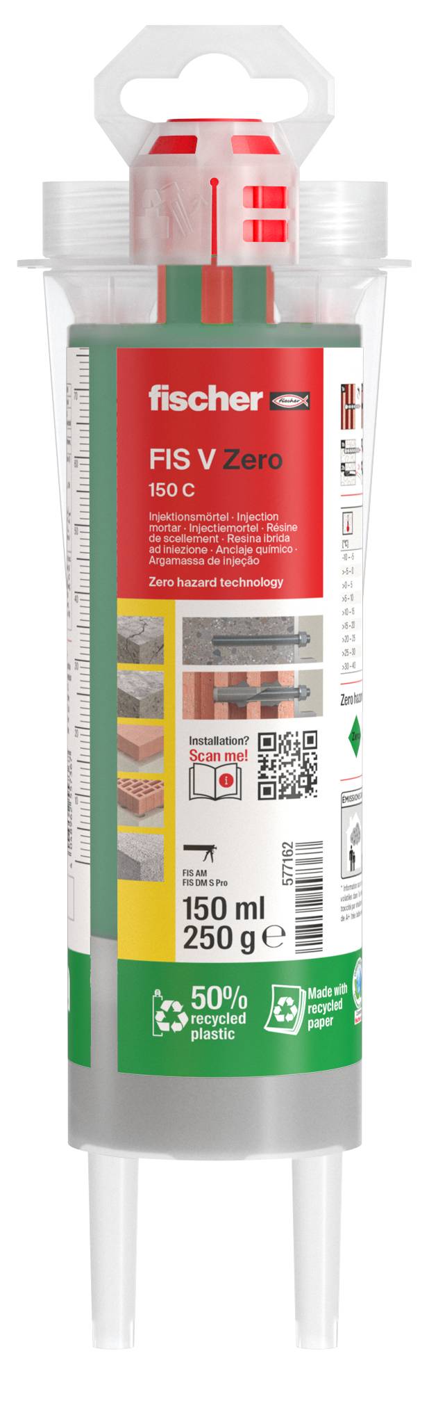 Fischer FIS V Zero Chemikalienabfallpatrone, 150 ml, 250 g, in einer durchsichtigen Applikatorröhre mit rotem Etikett und doppelten Düsenspitzen.