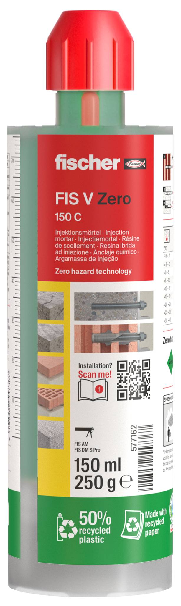 Fischer FIS V Zero 150 C Injektionsmörtels-Patrone, 150 ml, mit QR-Code und Recycling-Kunststoff-Symbolen.