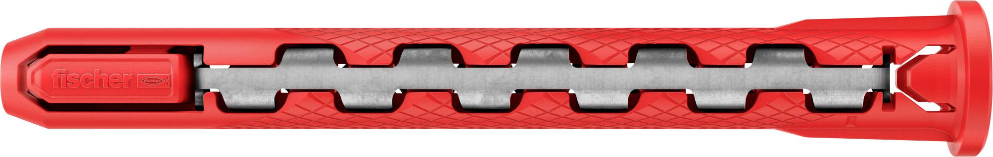 Ein roter Dübel mit gerippter, segmentierter Struktur für sicheren Halt. Er verfügt über ein aufgeweitetes Ende für einfache Montage und verbesserte Haftung.