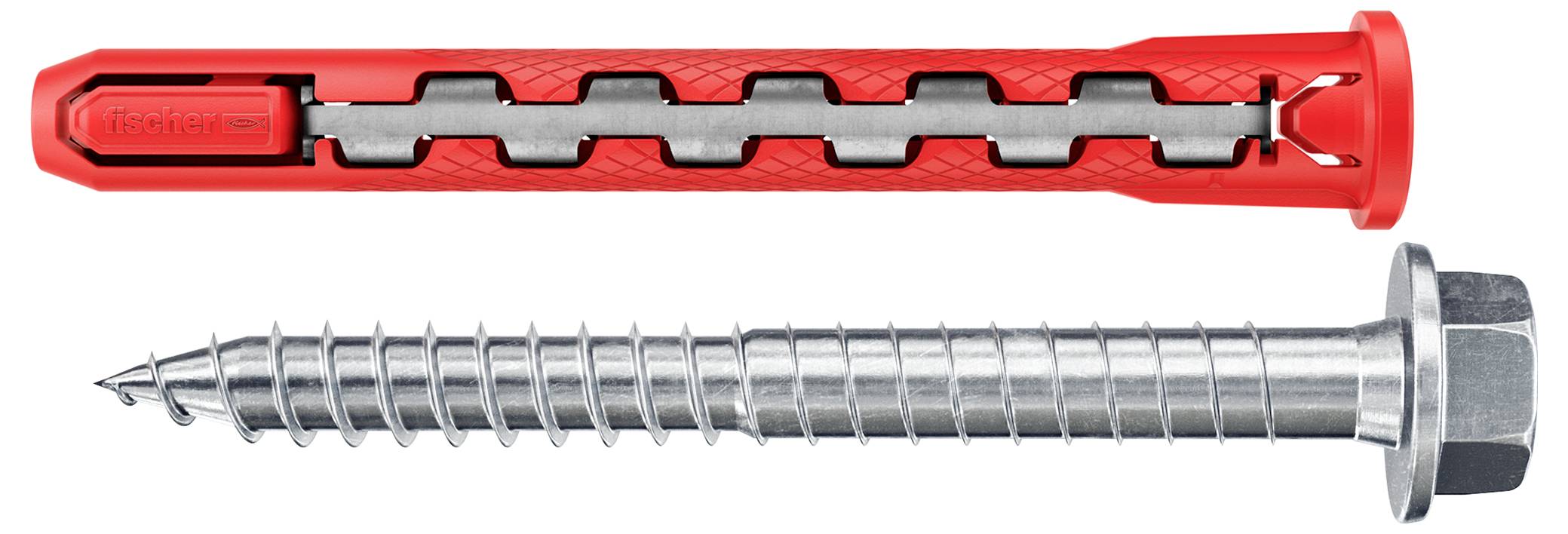 Ein roter Kunststoff-Dübel über einer Metallschraube, beide detailliert dargestellt.