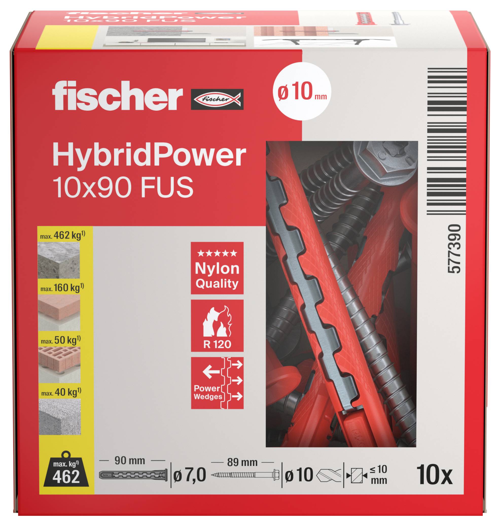 Die Abbildung zeigt eine Schachtel mit Fischer HybridPower 10x90 FUS Nylondübeln mit Angaben zur Tragfähigkeit, Größendetails und einer Schraubenabbildung.