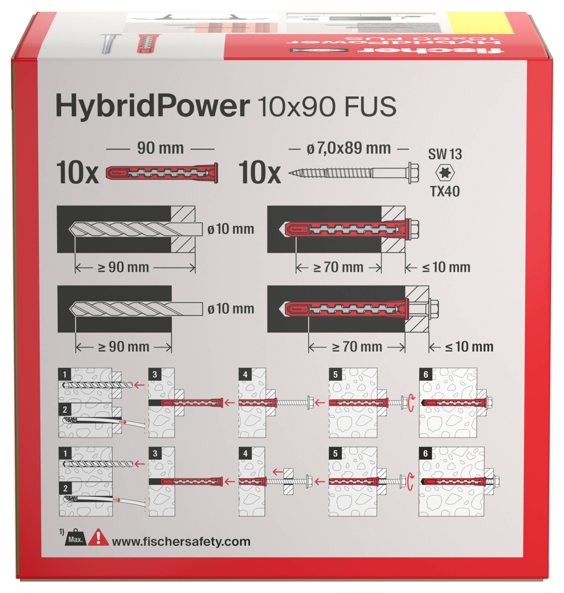 Fischer HybridPower 10x90 FUS Befestigungsset-Box, zeigt Installationsschritte mit Maßangaben für Beton- und Steinmaterialien.