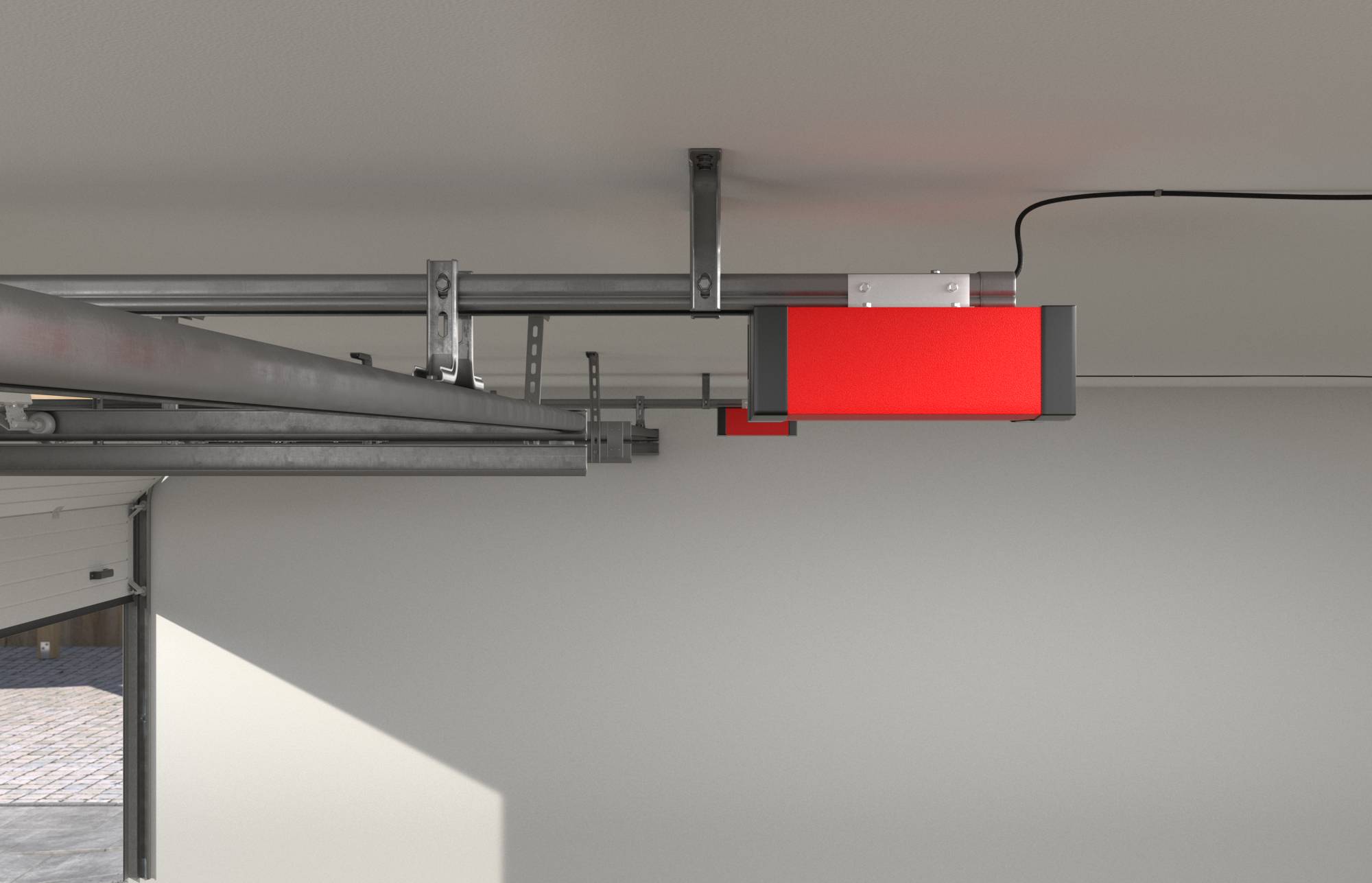 Roter Garagentoröffner an der Decke montiert, befestigt an einer horizontalen Schiene über einer Garagentorffnung.