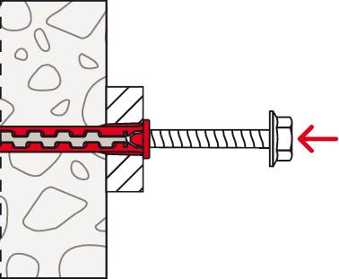 Diagramm eines Gewindeankers in einer Wand, mit einem roten Pfeil, der zeigt, wie die Schraube in den Anker hineingedreht wird.