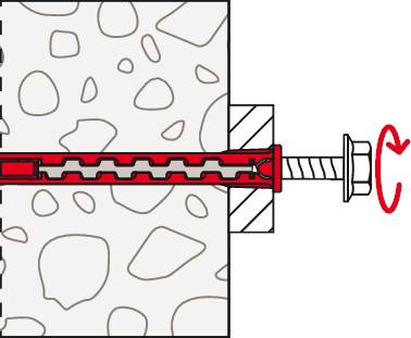 Querschnittsdiagramm einer Mauerdübel in Mauerwerk: Eine Schraube dehnt den roten Dübel in einem gebohrten Loch aus, um eine Befestigung zu sichern.