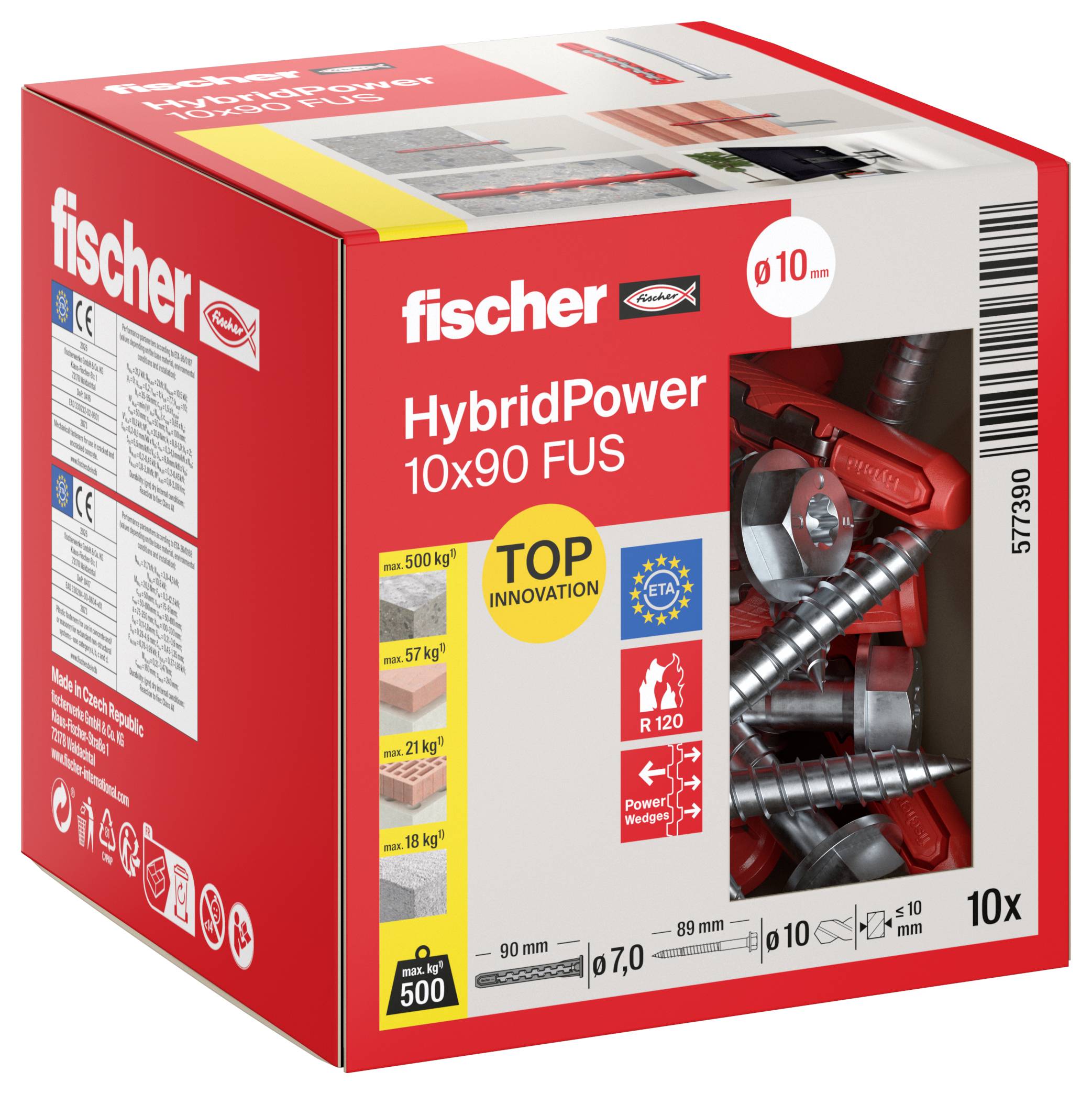 Karton mit Fischer HybridPower 10x90 FUS Wanddübeln, zeigt rote Dübel und Schrauben durch ein Vorderfenster.