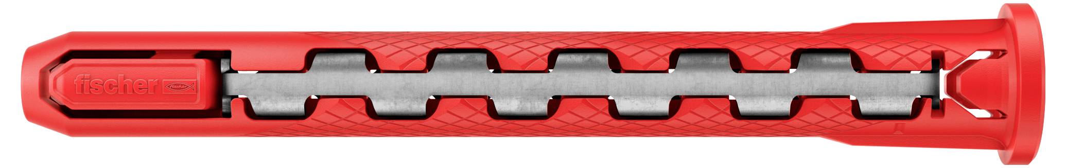 Ein roter Dübel mit einem einzigartigen, gezackten Innendesign, der abwechselnde Metall- und Kunststoffsektionen zur verbesserten Haftung und Stabilität aufweist.