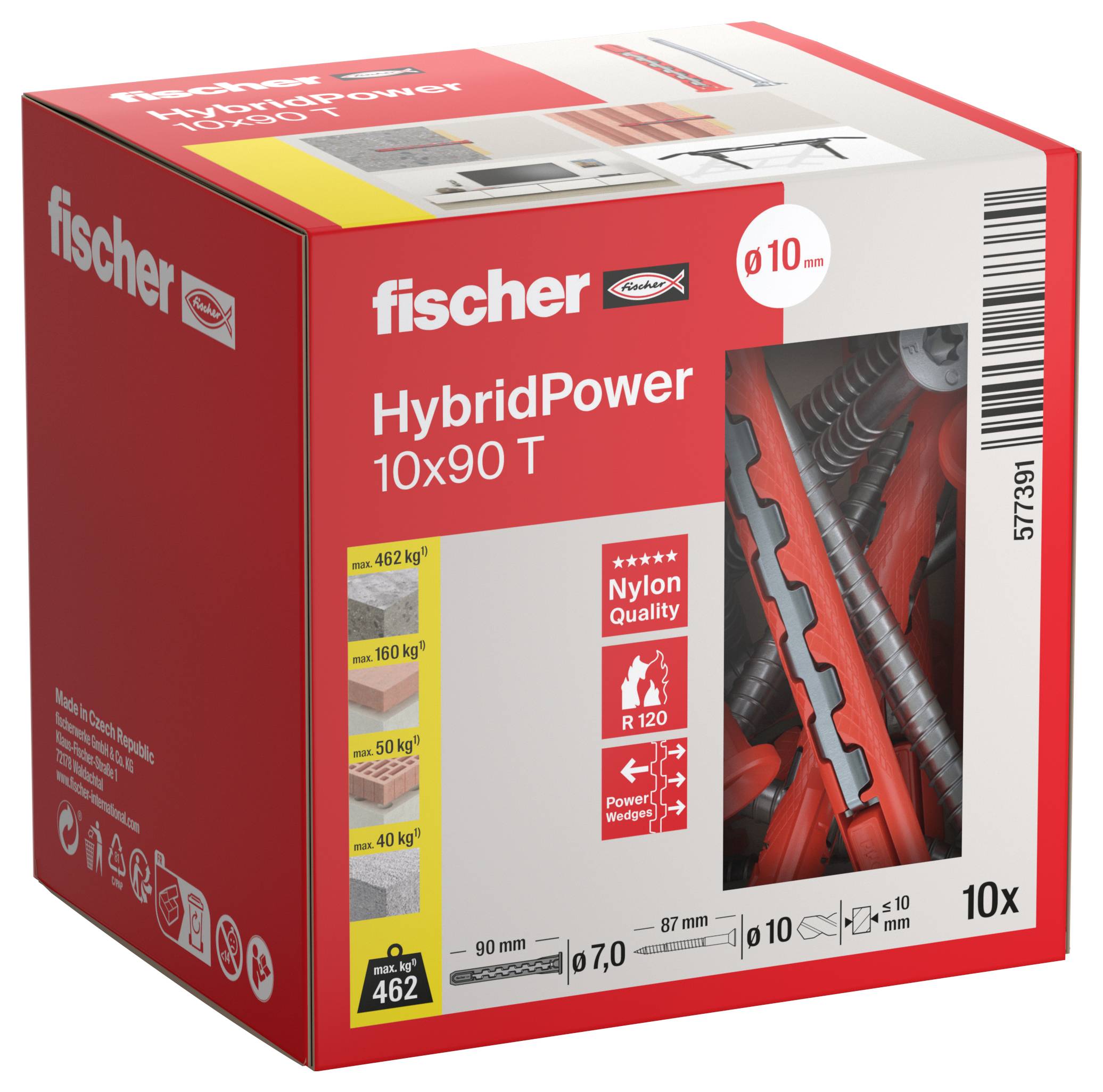 Eine Schachtel 'fischer HybridPower 10x90 T' Nylondübel, Größe 10 mm, Tragfähigkeit bis zu 462 kg. Enthält 10 Dübel, R 120 feuerfest.