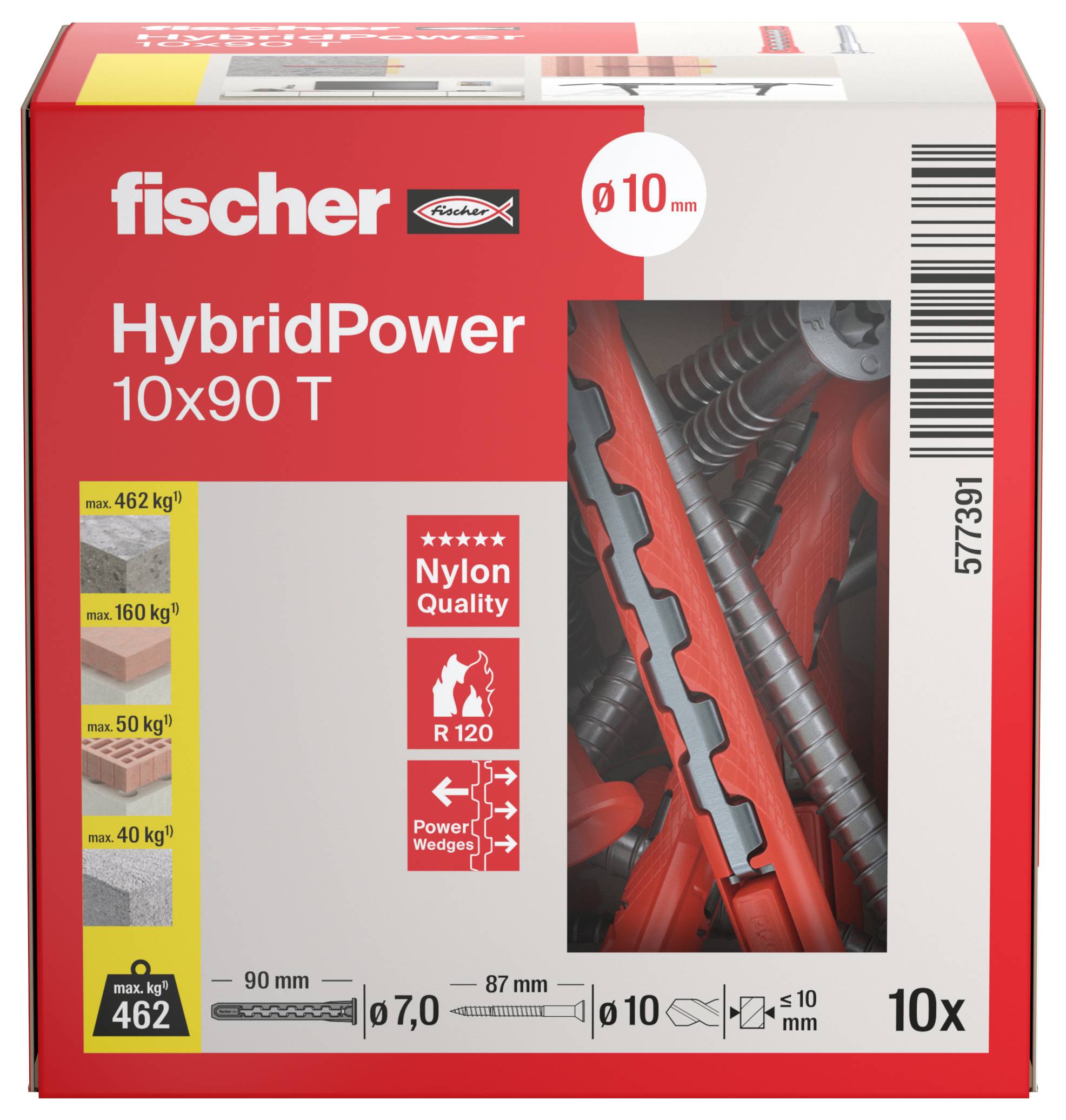 'Fischer HybridPower 10x90 T', rote und weiße Verpackung mit Produktdetails: Nylonqualität, 10 Stück, Traglasten und Größenangaben.