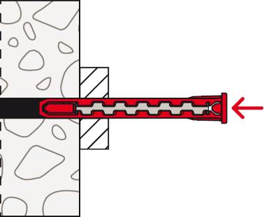 Querschnittsdiagramm einer Wandverankerung oder eines Dübels, der in Mauerwerk eingefügt ist, mit einem roten Pfeil, der nach links zeigt und die Befestigungsrichtung angibt.