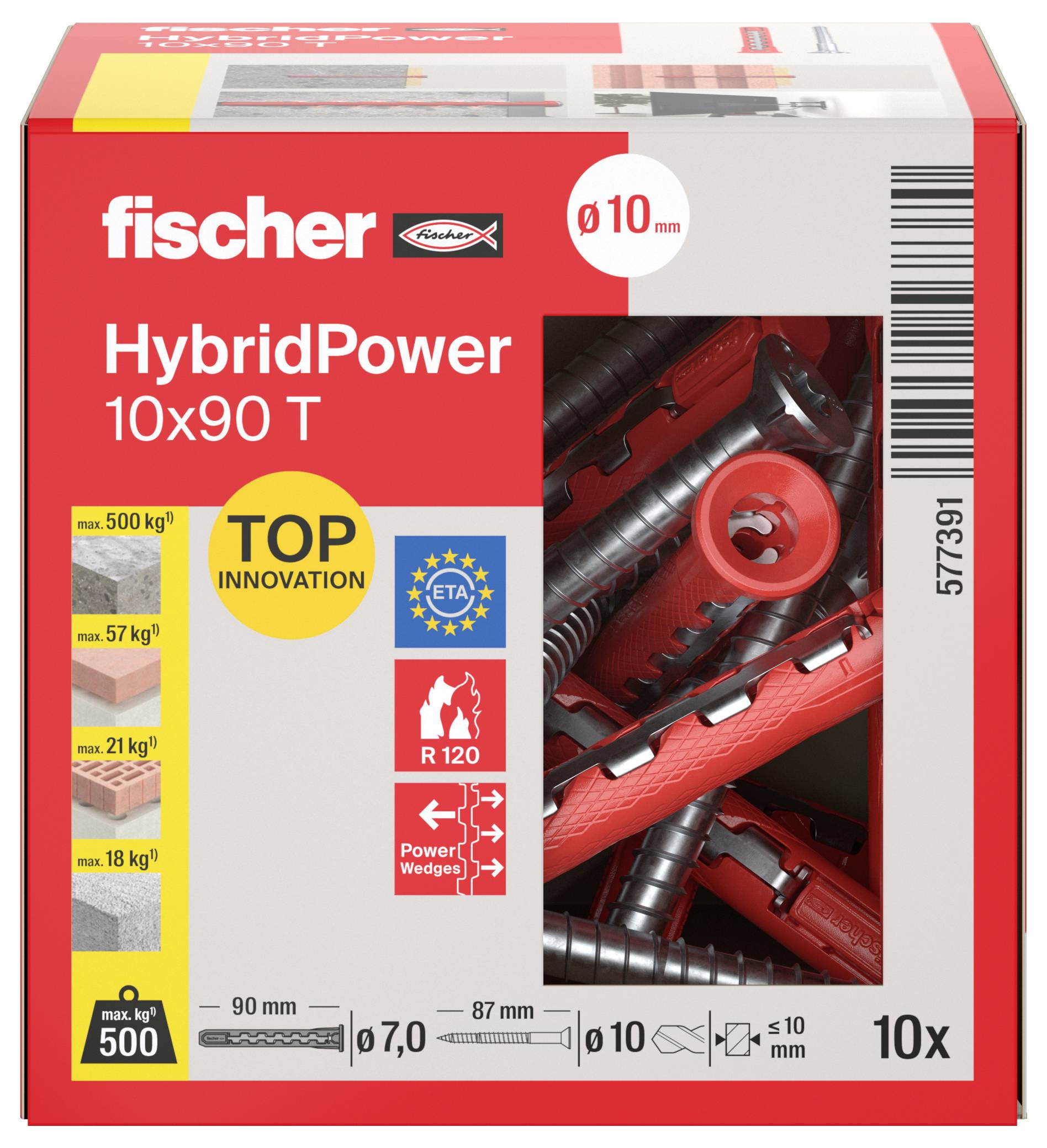 Packung für fischer HybridPower 10x90 T Wanddübel, zeigt Ø10 mm, 10er Packung und Produktsymbole für Tragfähigkeit, ETA und Feuerbeständigkeit.